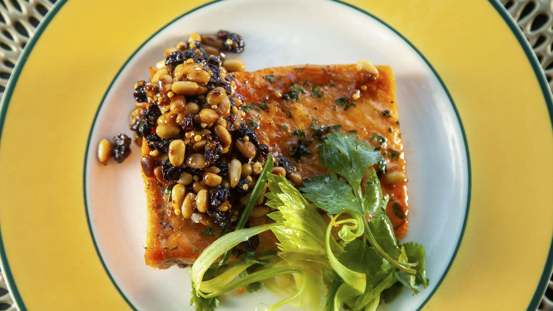 Cedar plank salmon, Celery salad, Currant pine nut relish, Food network, 1920x1080 Full HD Desktop