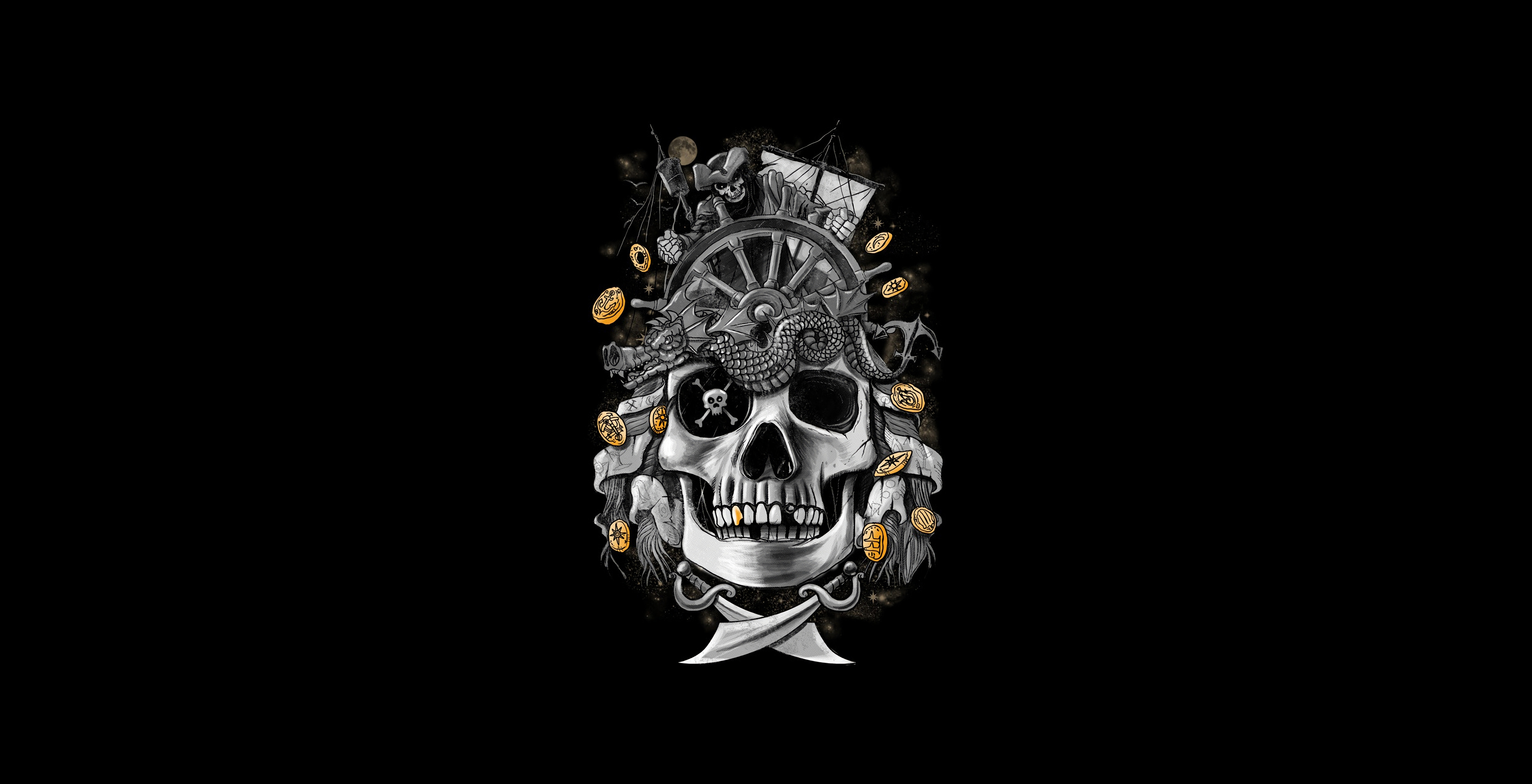 Jolly Roger eyepatch patch, Tall ship and wheel, Octopus tentacles over skull, Scattered gold coins, Cutlass beneath jaw, HD Desktop wallpaper