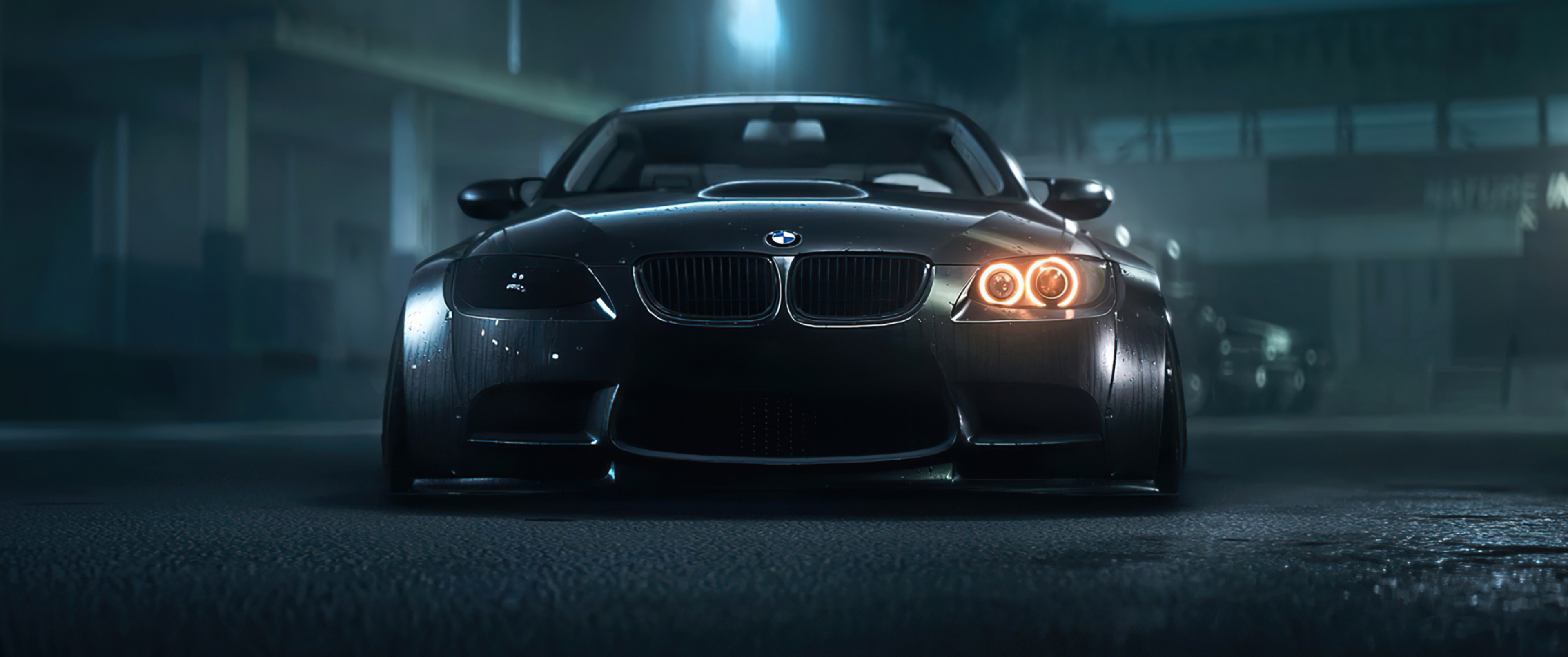 BMW M3 E92, Glowing angel eye headlight, Dark misty parking garage, Dual Screen Desktop wallpaper