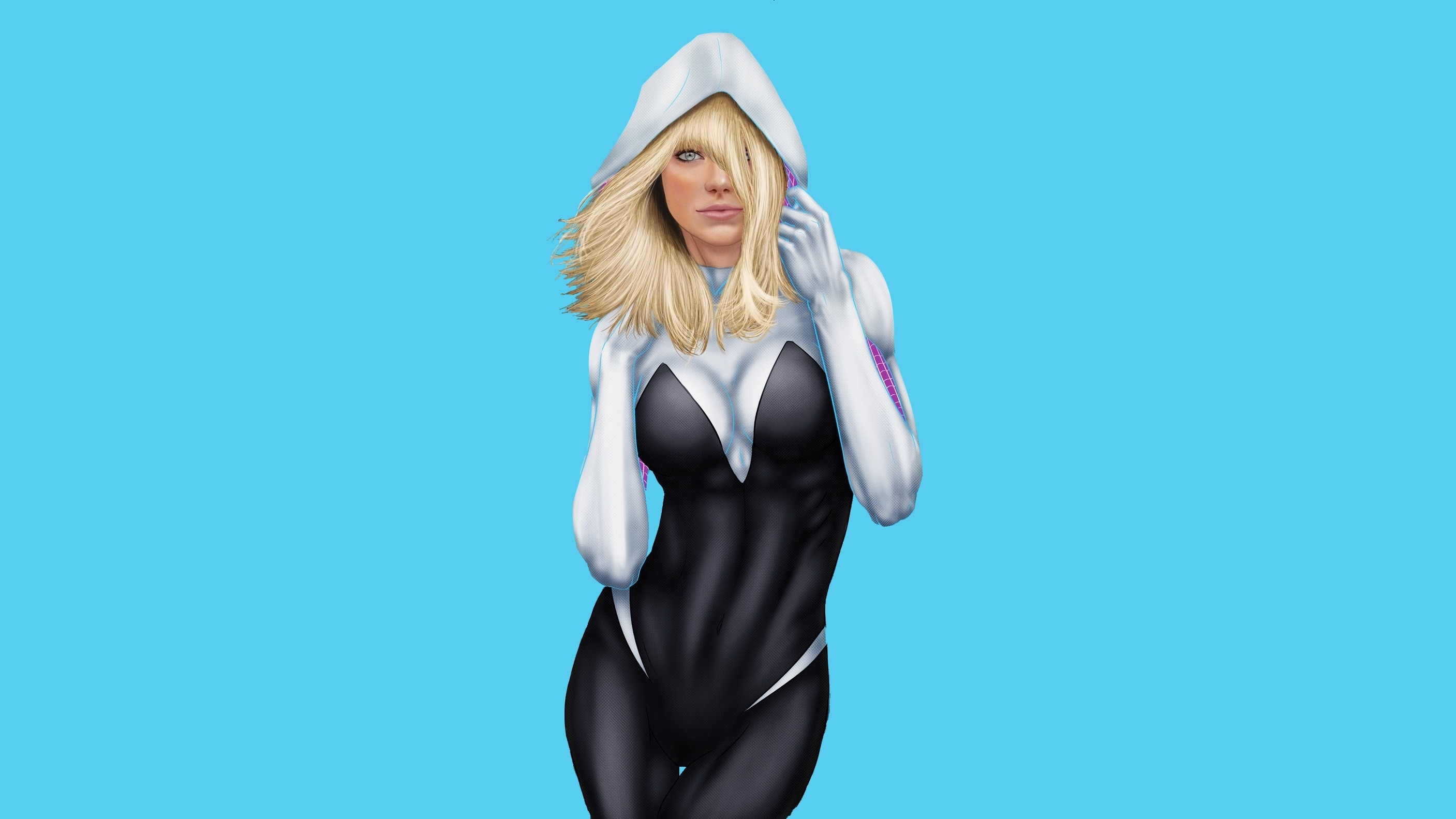 Black and white bodysuit, Spider-Gwen (Gwen Stacy), Solid cyan background, Holding hood pose, HD Desktop wallpaper