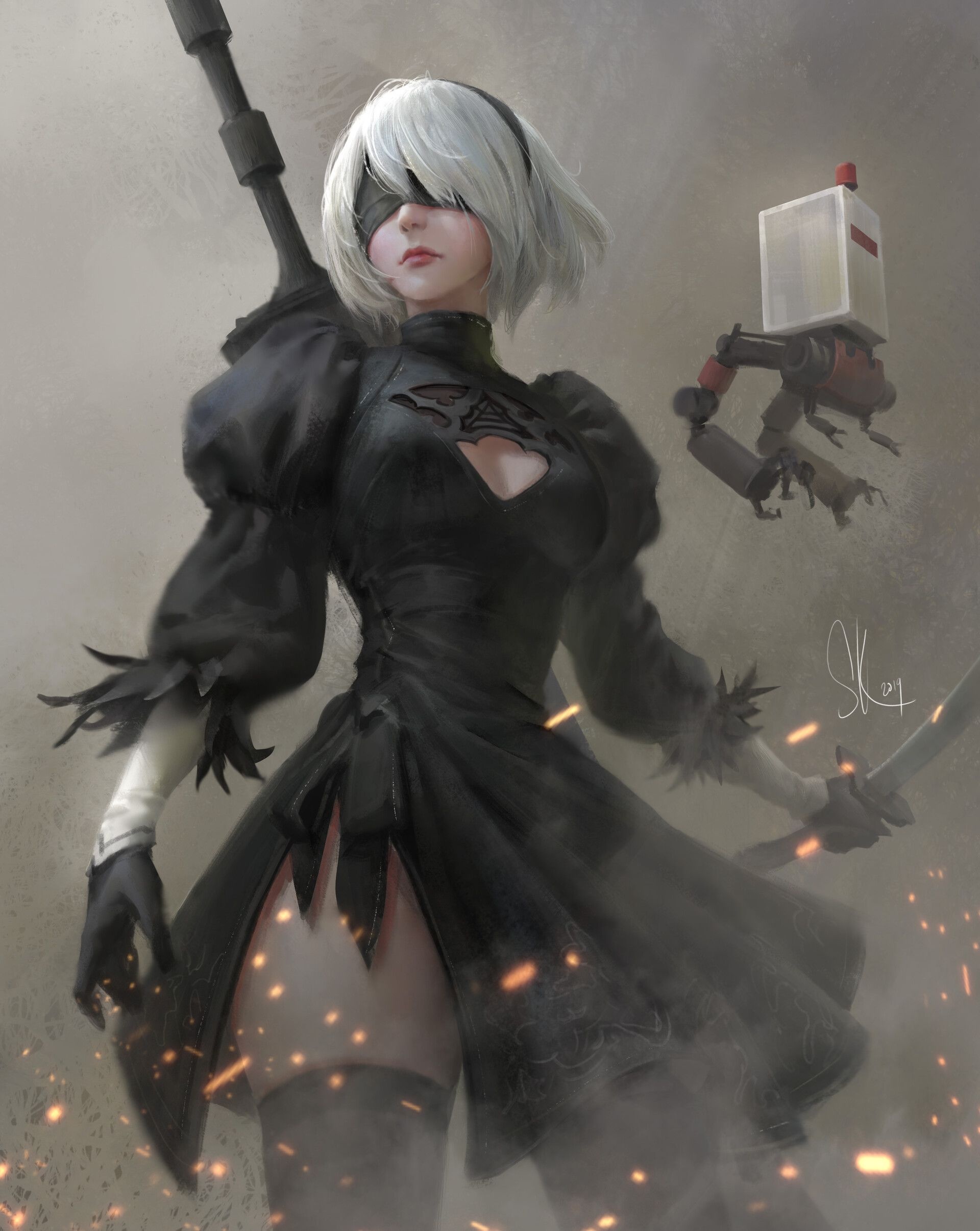 NieR: Automata 2B, Pod 042 support unit, Floating spark embers, HD Phone wallpaper
