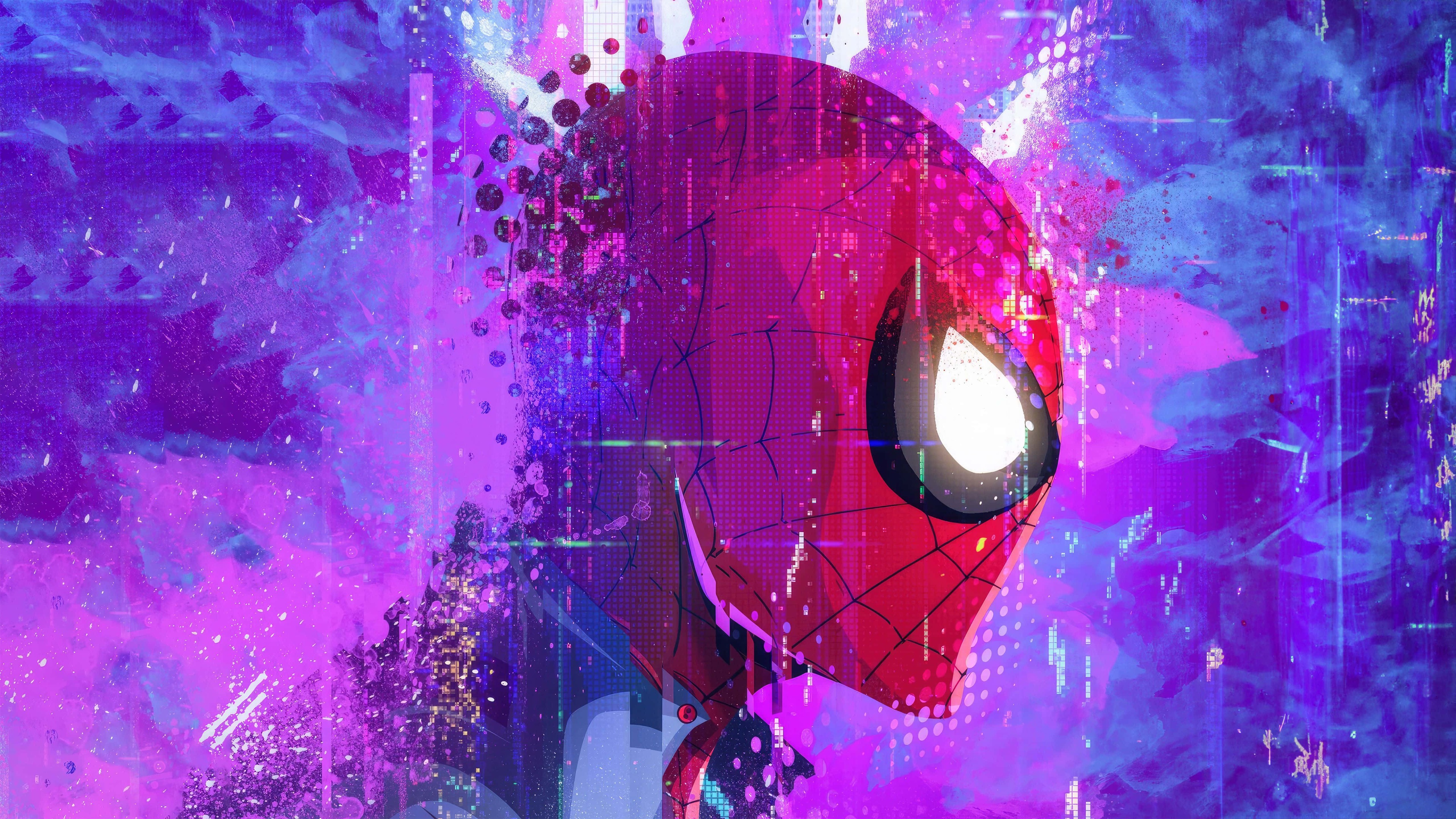 Masked head profile, Webbed red mask, Glitchy purple background, 4K Desktop wallpaper
