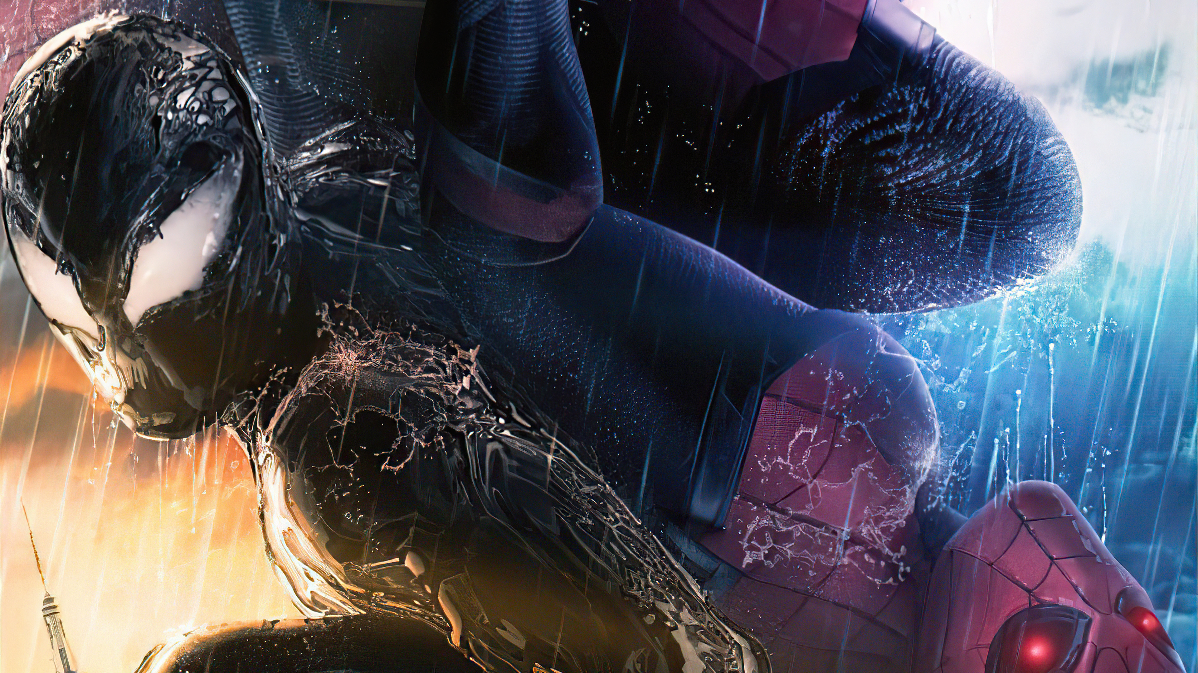 Symbiote Spider-Man, Classic Spider-Man suit, Splashing rain drops, HD Desktop wallpaper