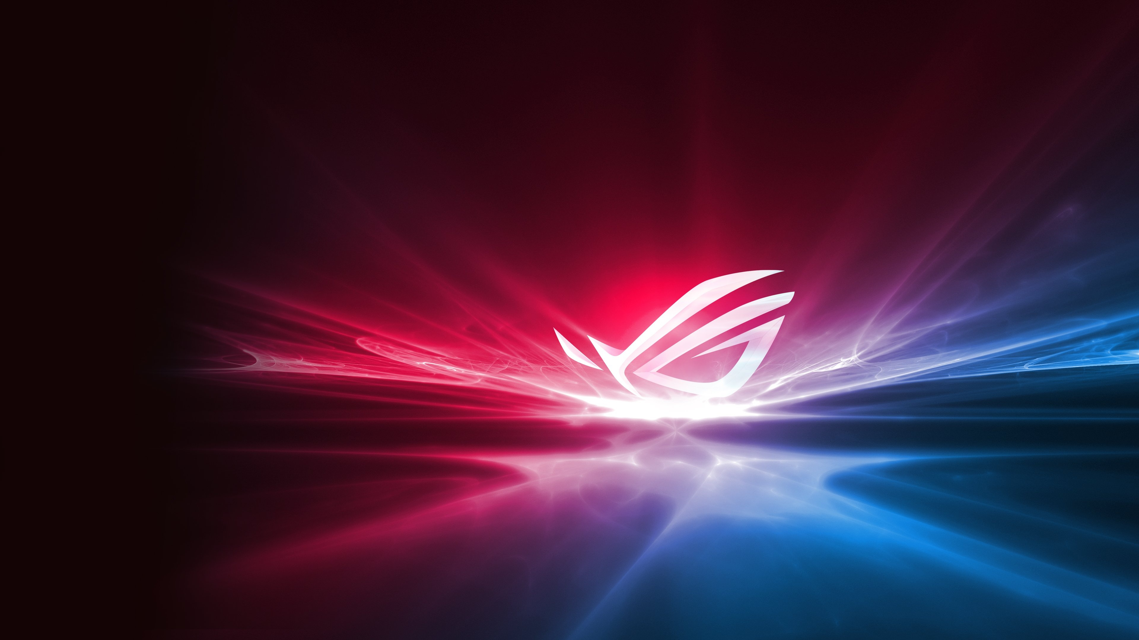 ASUS Republic of Gamers logo, Red and blue light burst, Glossy reflective floor, 4K Desktop wallpaper