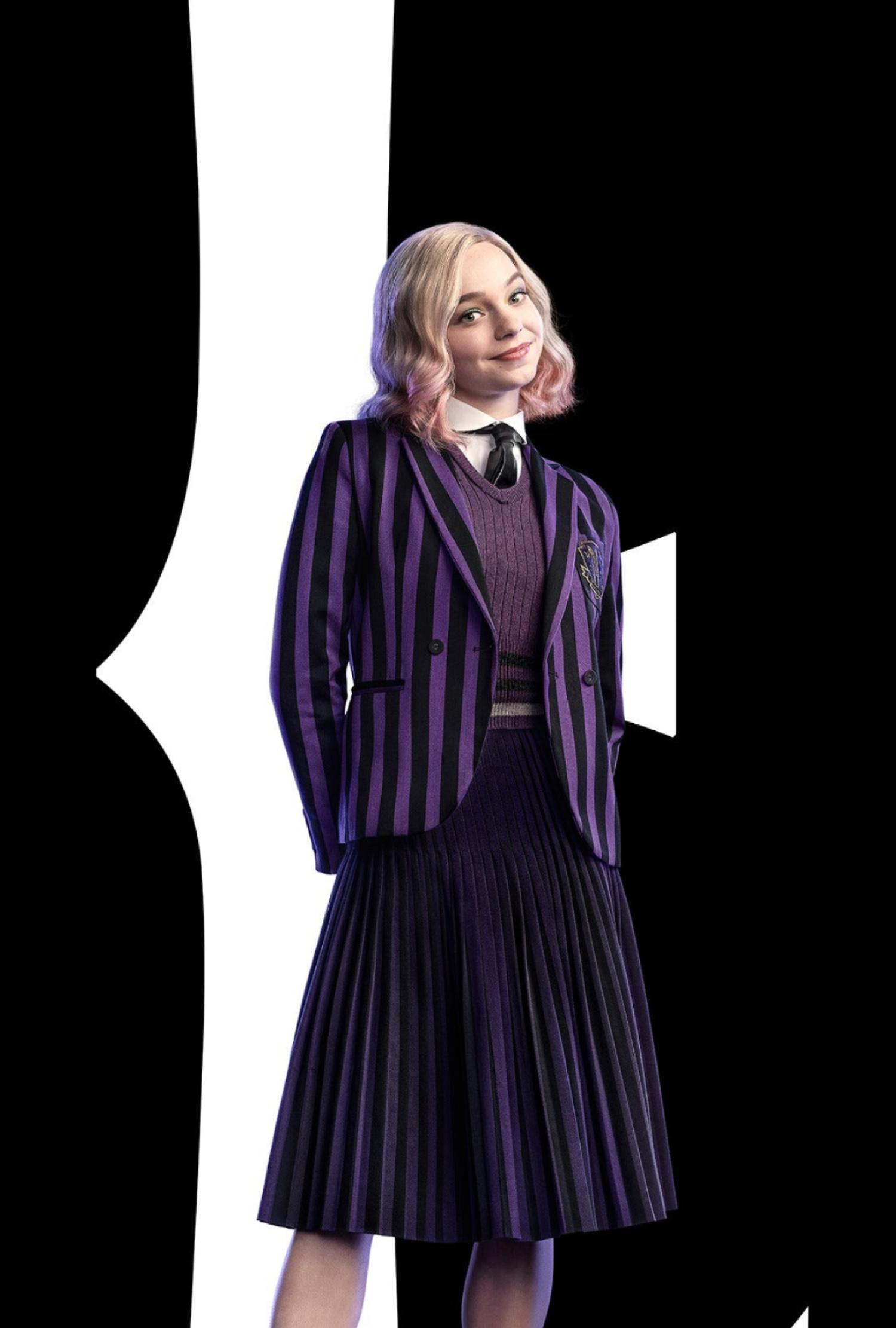 Emma Myers as Enid Sinclair, Purple striped Nevermore Academy blazer, Black and white key art, HD Phone wallpaper