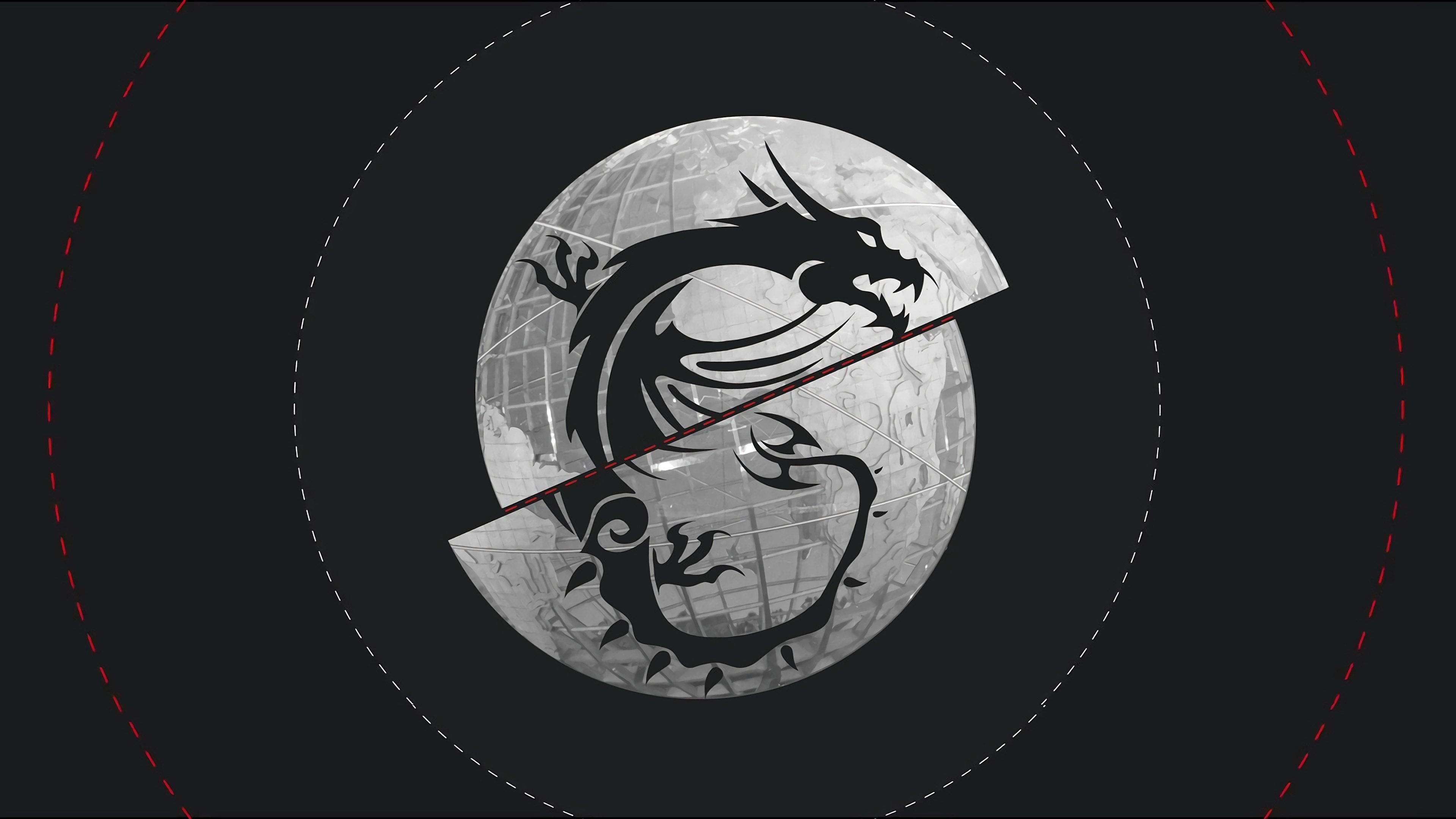 MSI Gaming dragon logo, bisected globe emblem, concentric dashed circular lines, 4K Desktop wallpaper