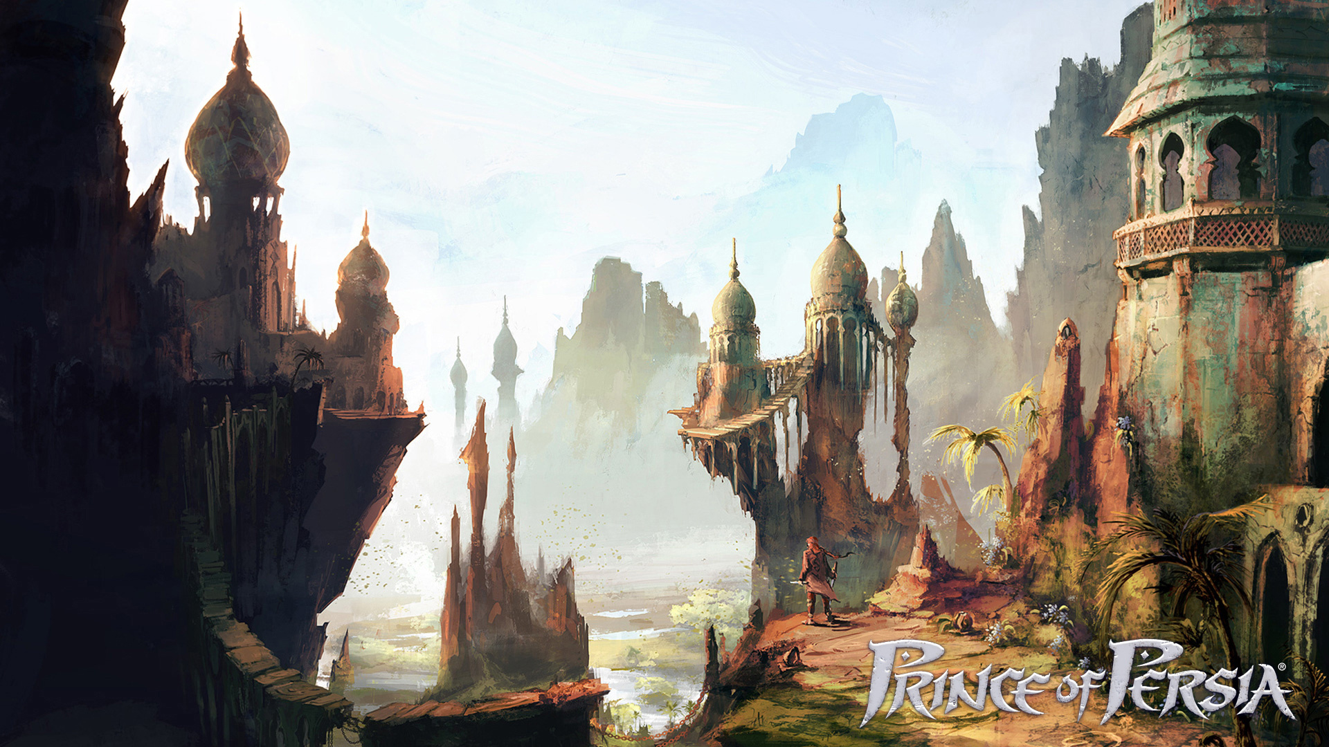Prince of Persia logo, The Prince, Fantasy cliffside palace ruins, Full HD Desktop wallpaper
