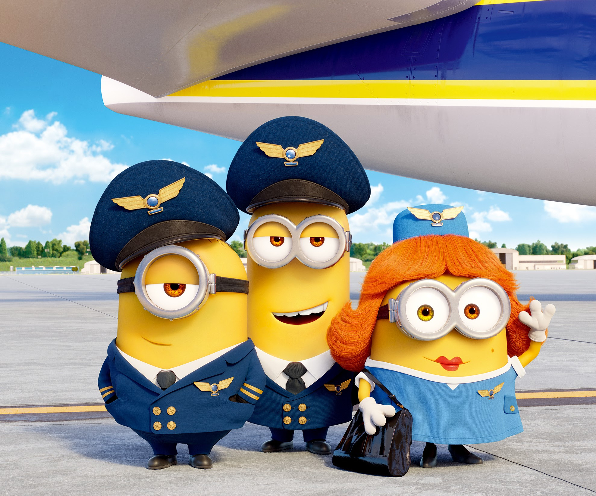 Minion Bob flight attendant, Minion Kevin pilot, Minion Stuart pilot, Minions The Rise of Gru, HD Desktop wallpaper