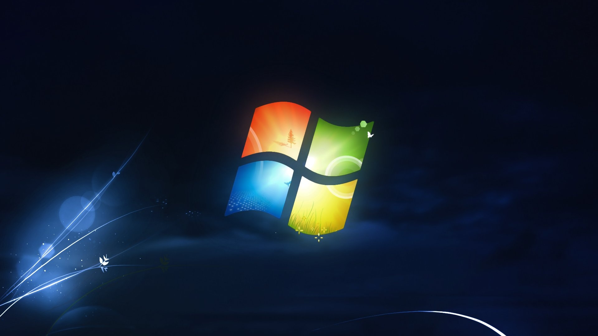 Windows 7 logo, glowing blue light streaks, dark blue gradient, Full HD Desktop wallpaper