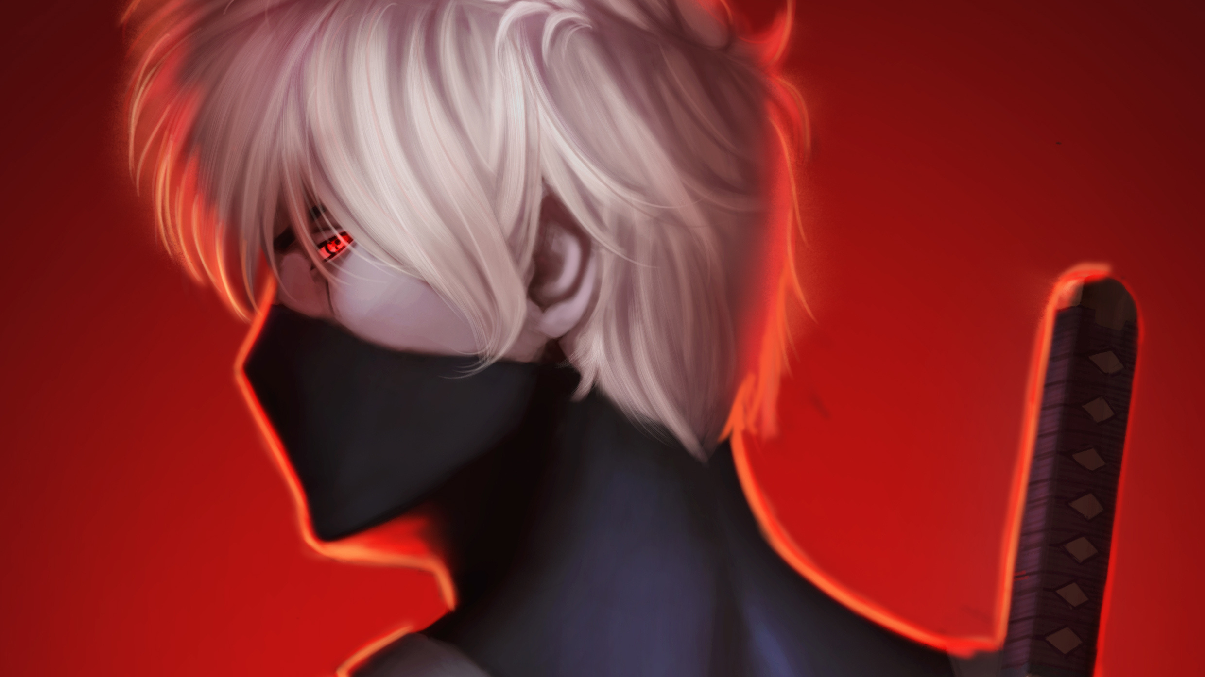 Kakashi Hatake, Glowing Sharingan eye, Katana sword hilt, HD Desktop wallpaper