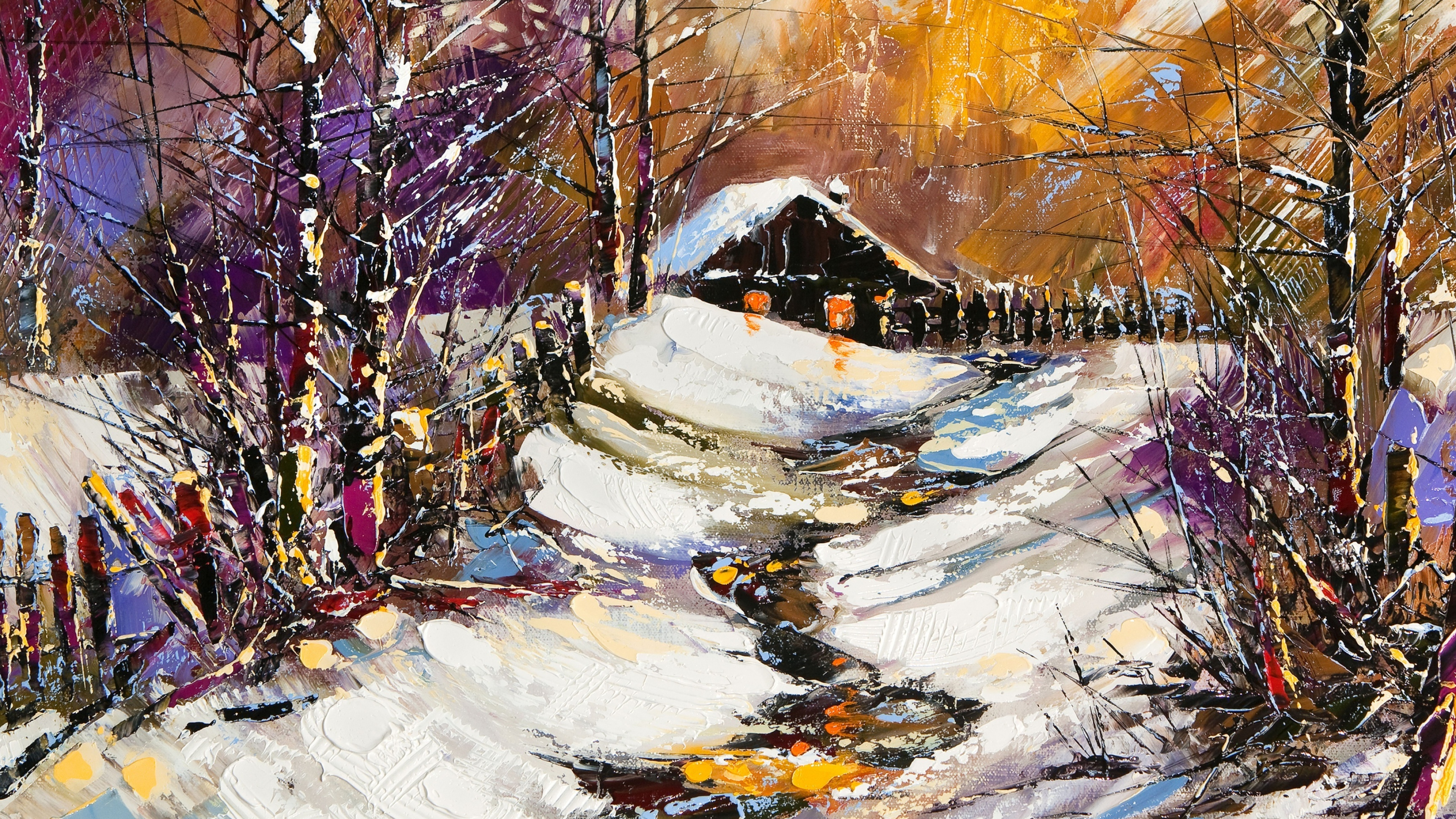 House in snow, Paint Wallpaper, 3840x2160 4K Desktop
