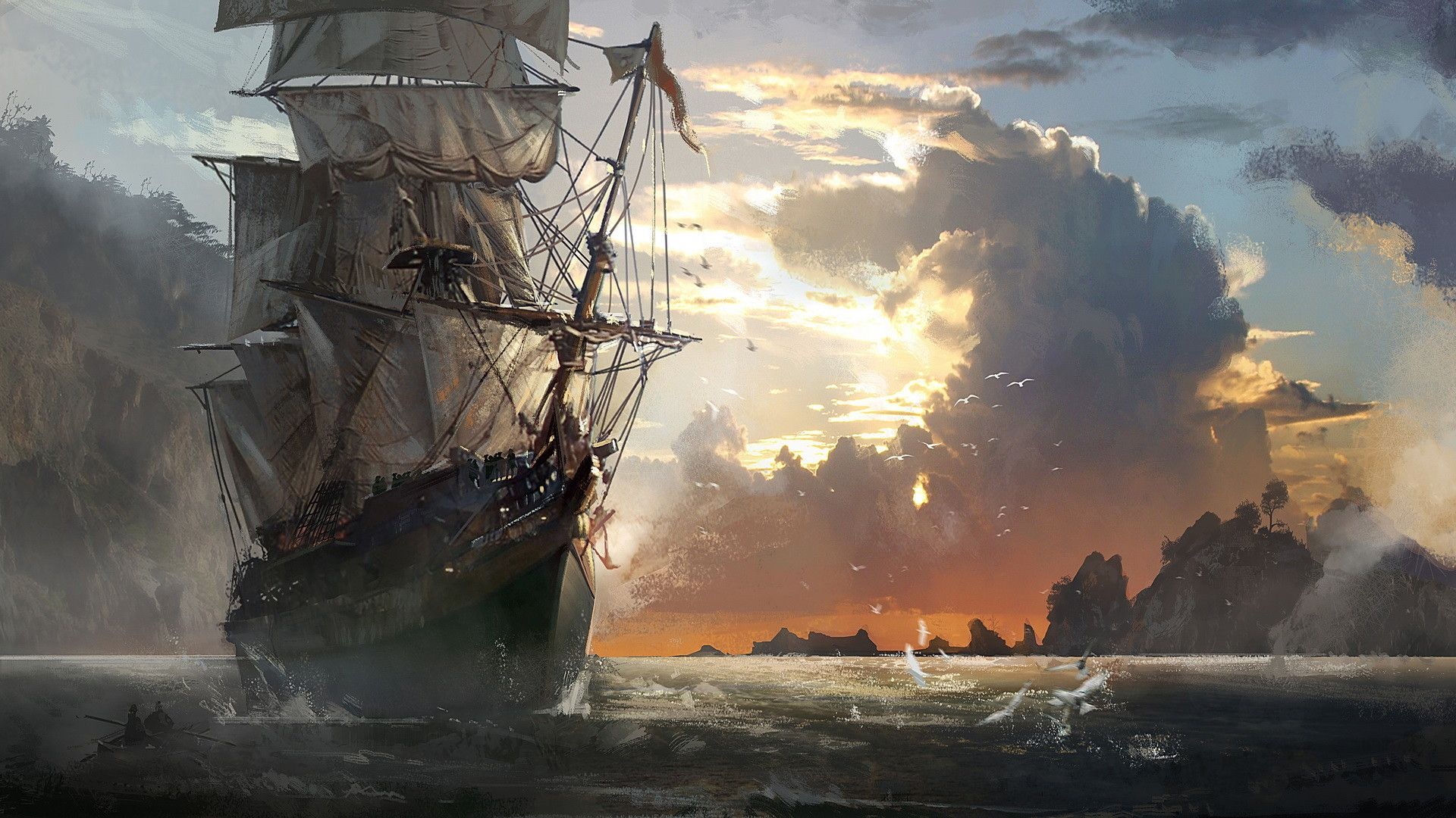 Three-masted sailing ship, Rocky island cove, Dramatic sunset cloudscape, Full HD Desktop wallpaper