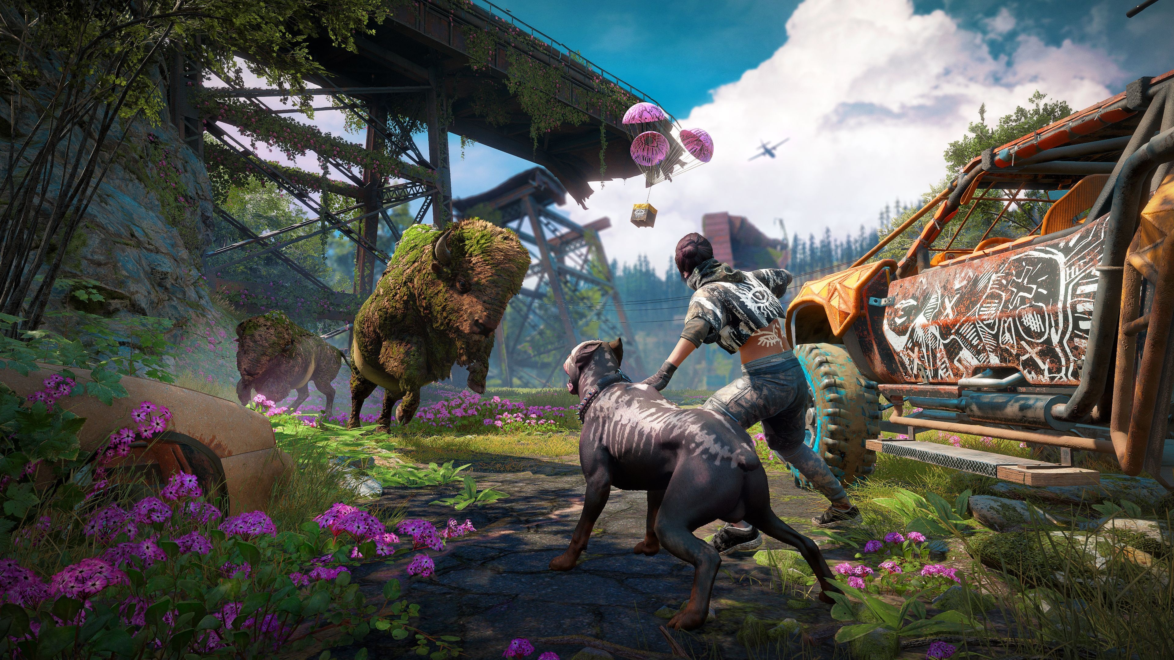 Far Cry New Dawn, Mutant moss-covered bison, Post-apocalyptic off-road buggy, 4K Desktop wallpaper