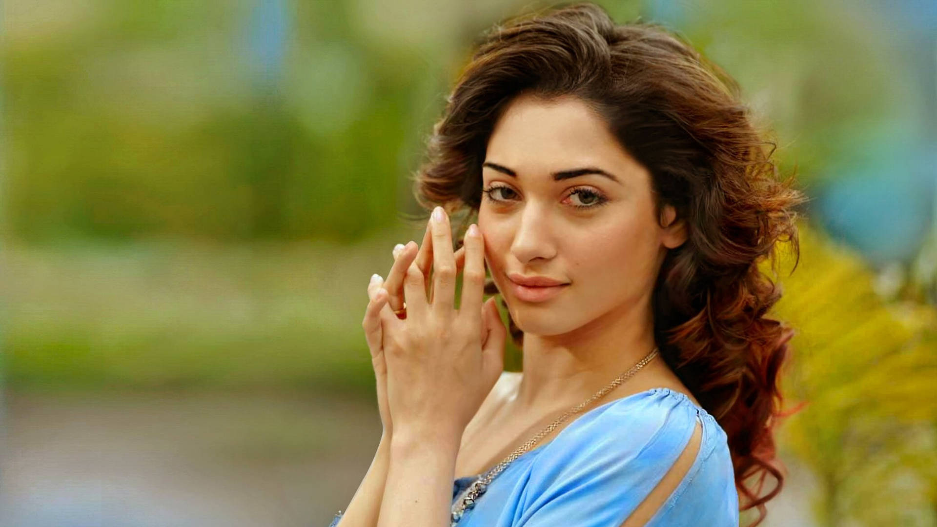 Tamannaah Bhatia, Light blue dress, Blurred greenery background, Full HD Desktop wallpaper