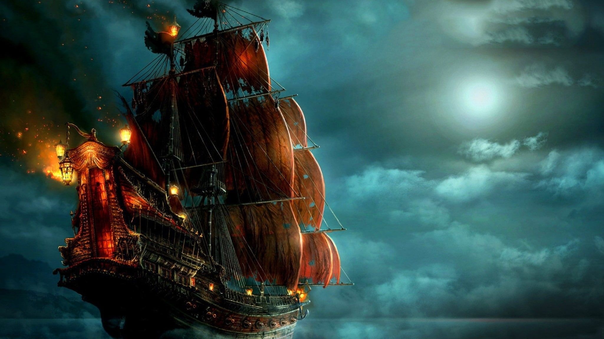 Fantasy pirate galleon, Full moon night sky, Glowing orange ship lanterns, HD Desktop wallpaper