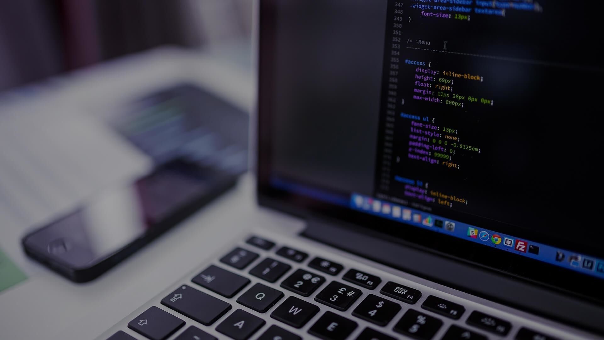 CSS code on screen, Apple MacBook keyboard, black Apple iPhone, Full HD Desktop wallpaper