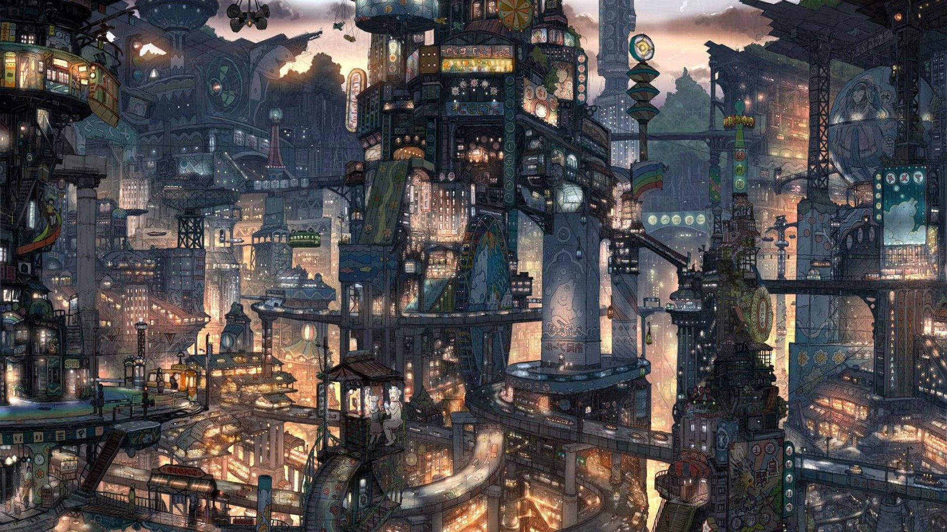 Imperial Boy cityscape, dense steampunk anime metropolis, elevated multi-level skyways, Full HD Desktop wallpaper
