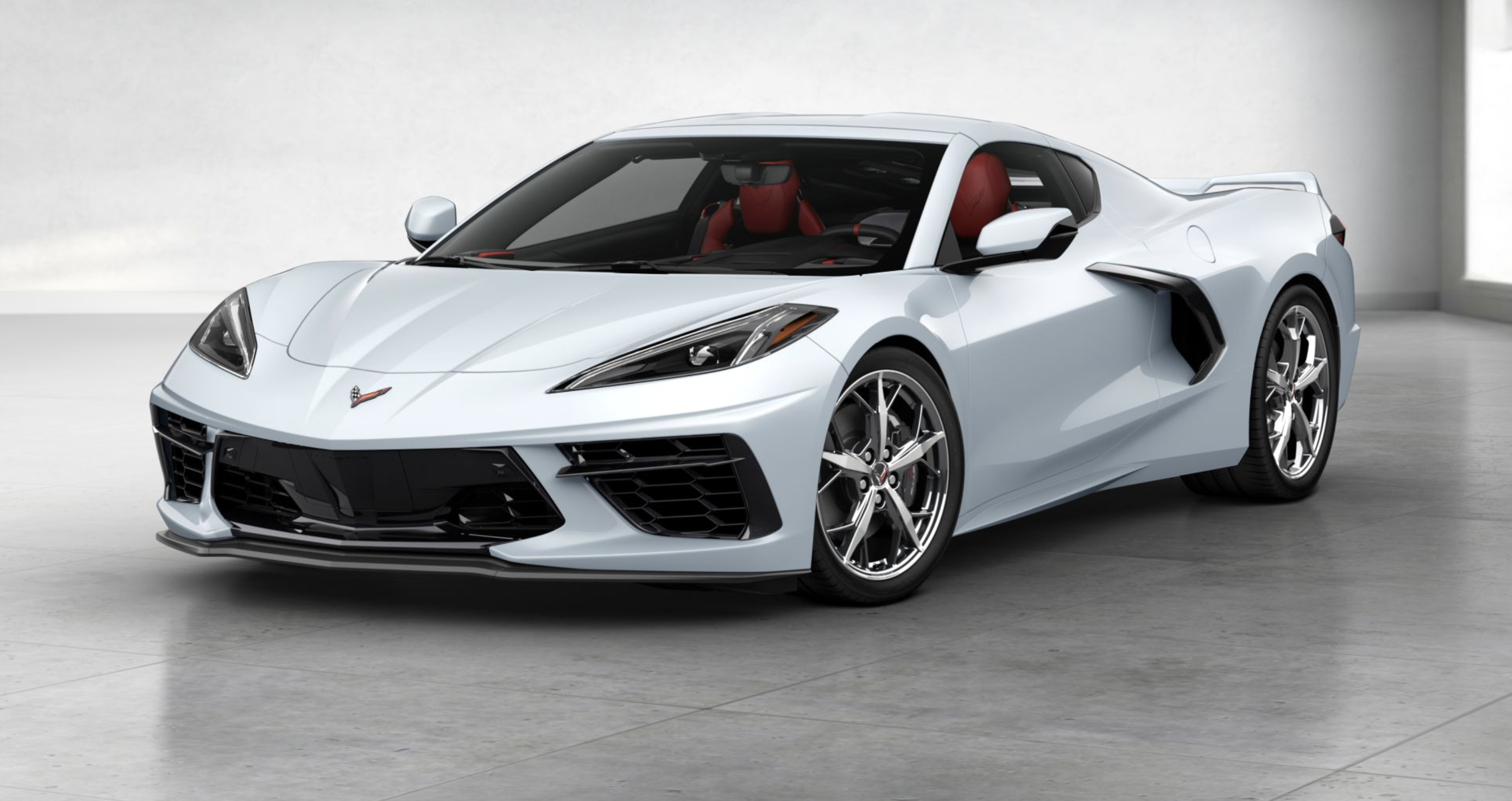 Chevrolet Corvette C8 Stingray, Adrenaline Red interior, white showroom studio, HD Desktop wallpaper