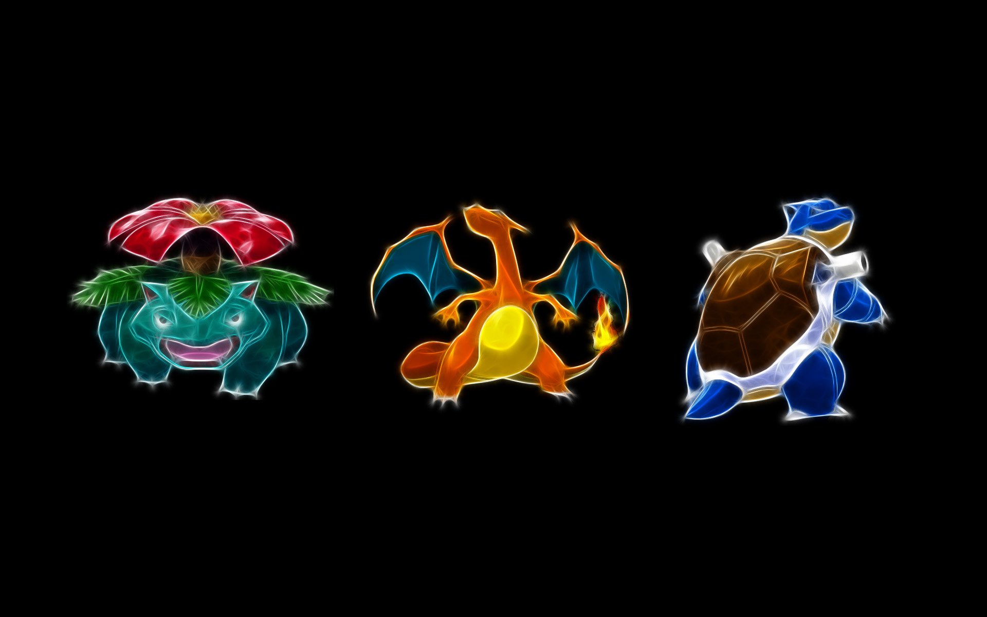 Charizard, Venusaur, Blastoise, Glowing fractal line art, HD Desktop wallpaper