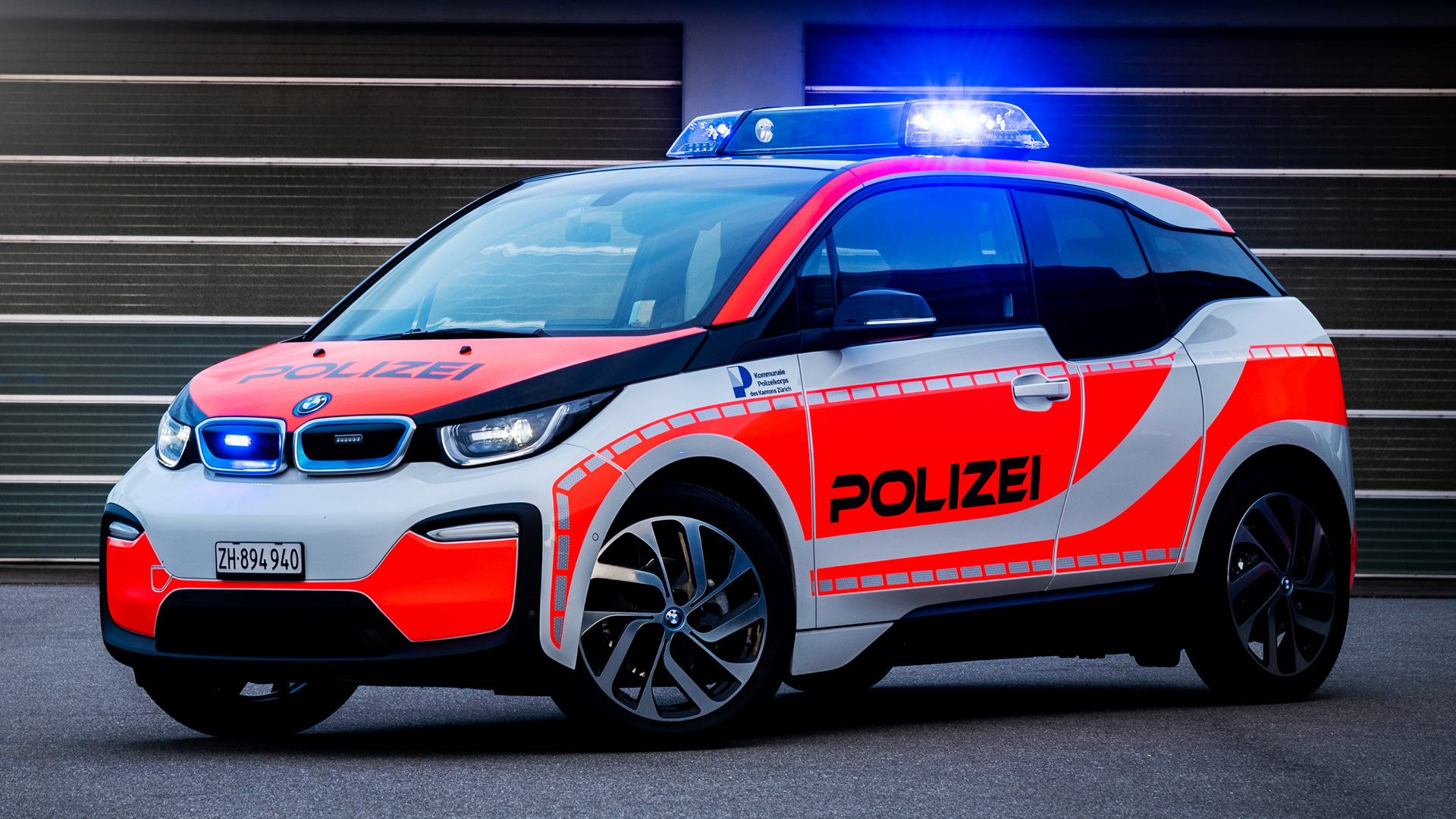 BMW i3 police car, Blue emergency light bar, Swiss Polizei livery, Full HD Desktop wallpaper