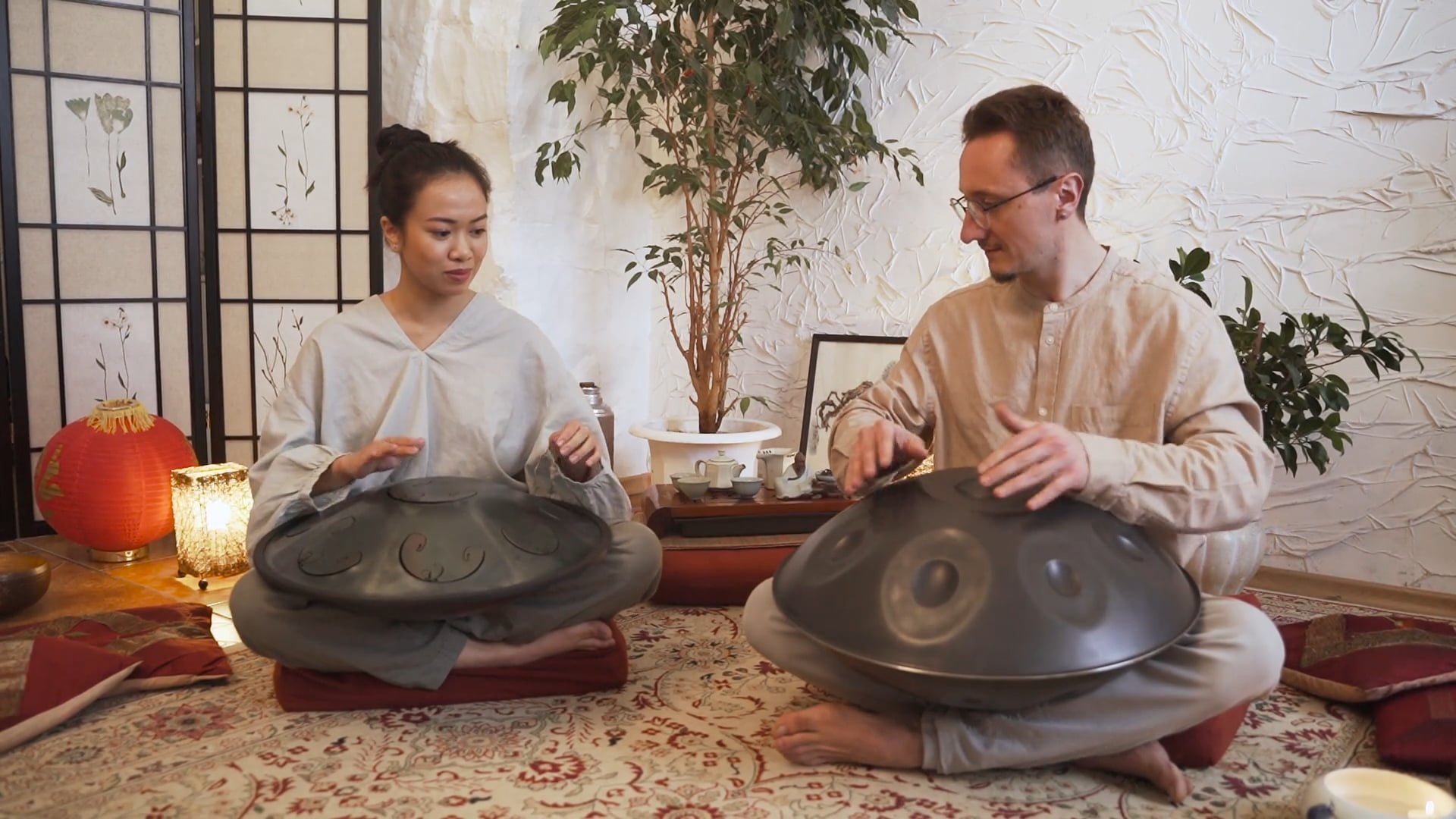 Man and woman playing hang drums, Free stock video, Musical duet, Harmonic melodies, 1920x1080 Full HD Desktop