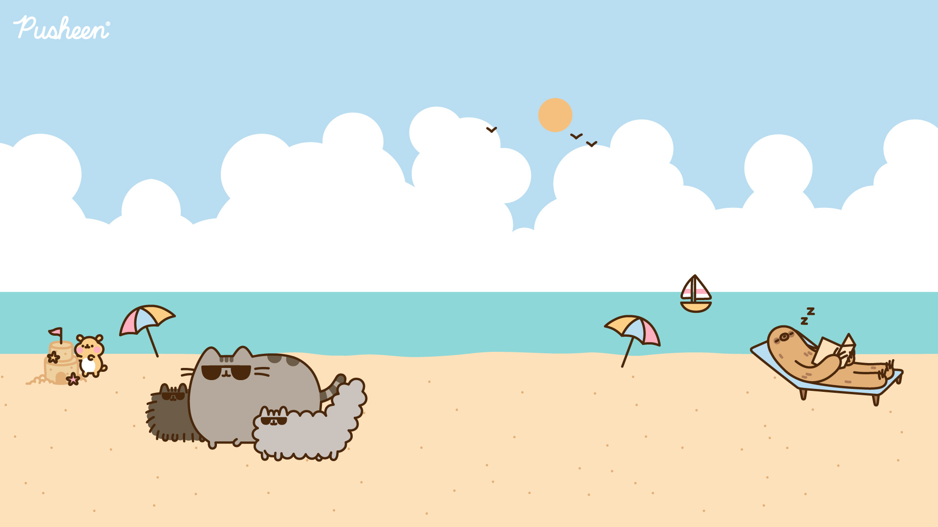 Pusheen the Cat, Stormy and Pip, Sloth on beach lounger, Cheek the hamster, Sunny beach landscape, Full HD Desktop wallpaper