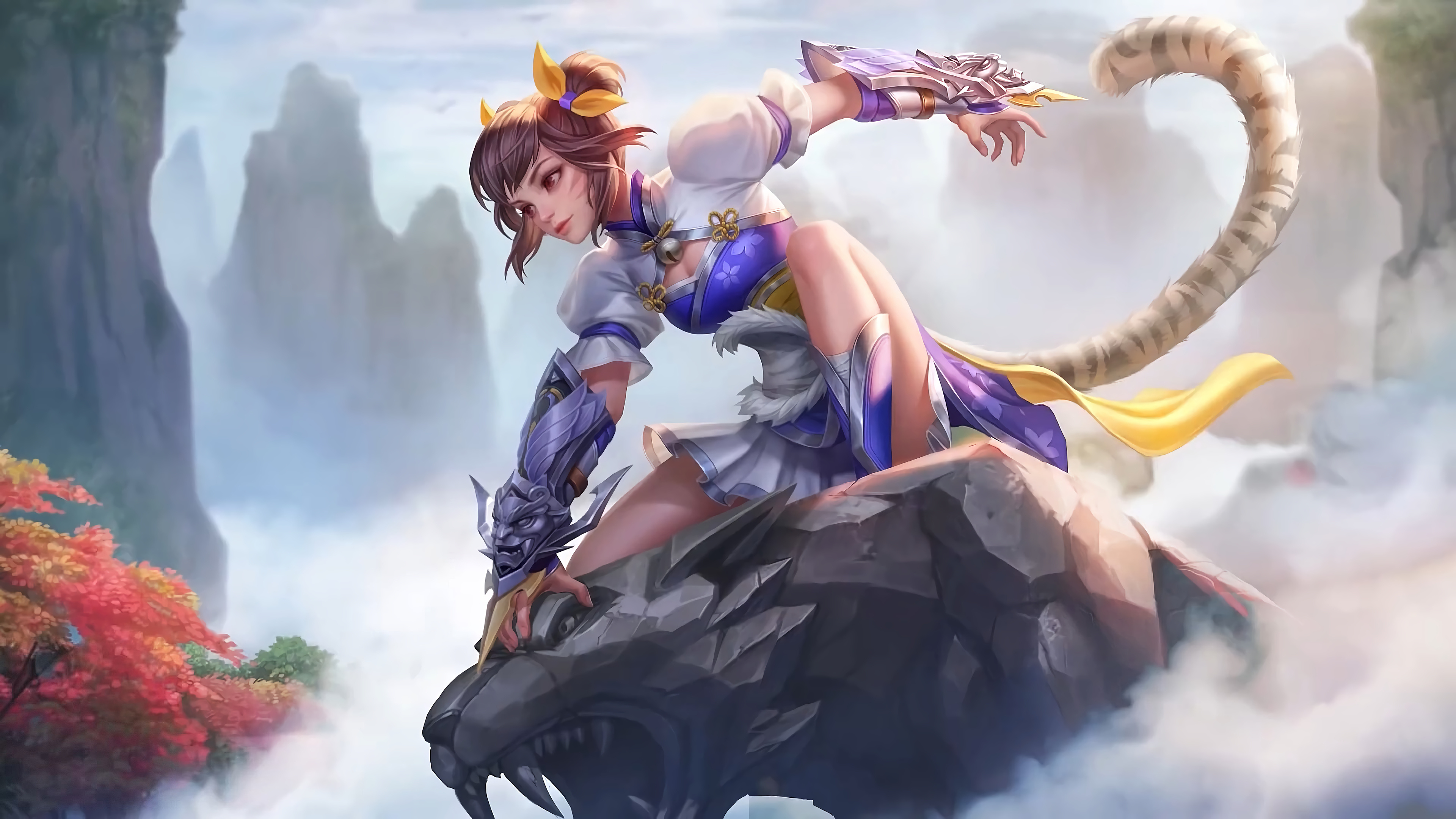 Wanwan Agile Tiger, tiger stone statue, misty mountain peaks, 4K Desktop wallpaper