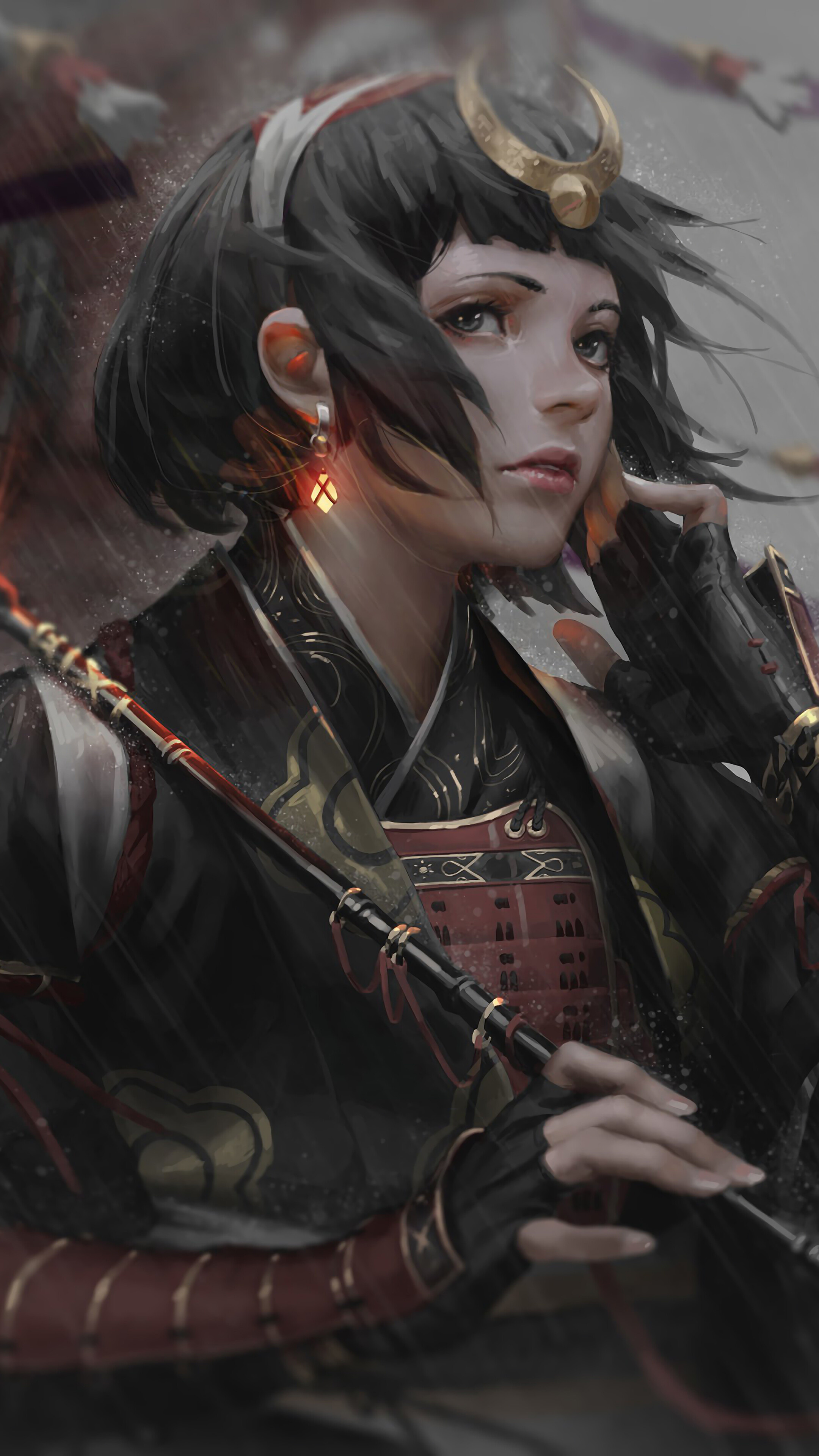 Female samurai warrior, Crescent moon circlet, Lacquered samurai armor, 4K Phone wallpaper