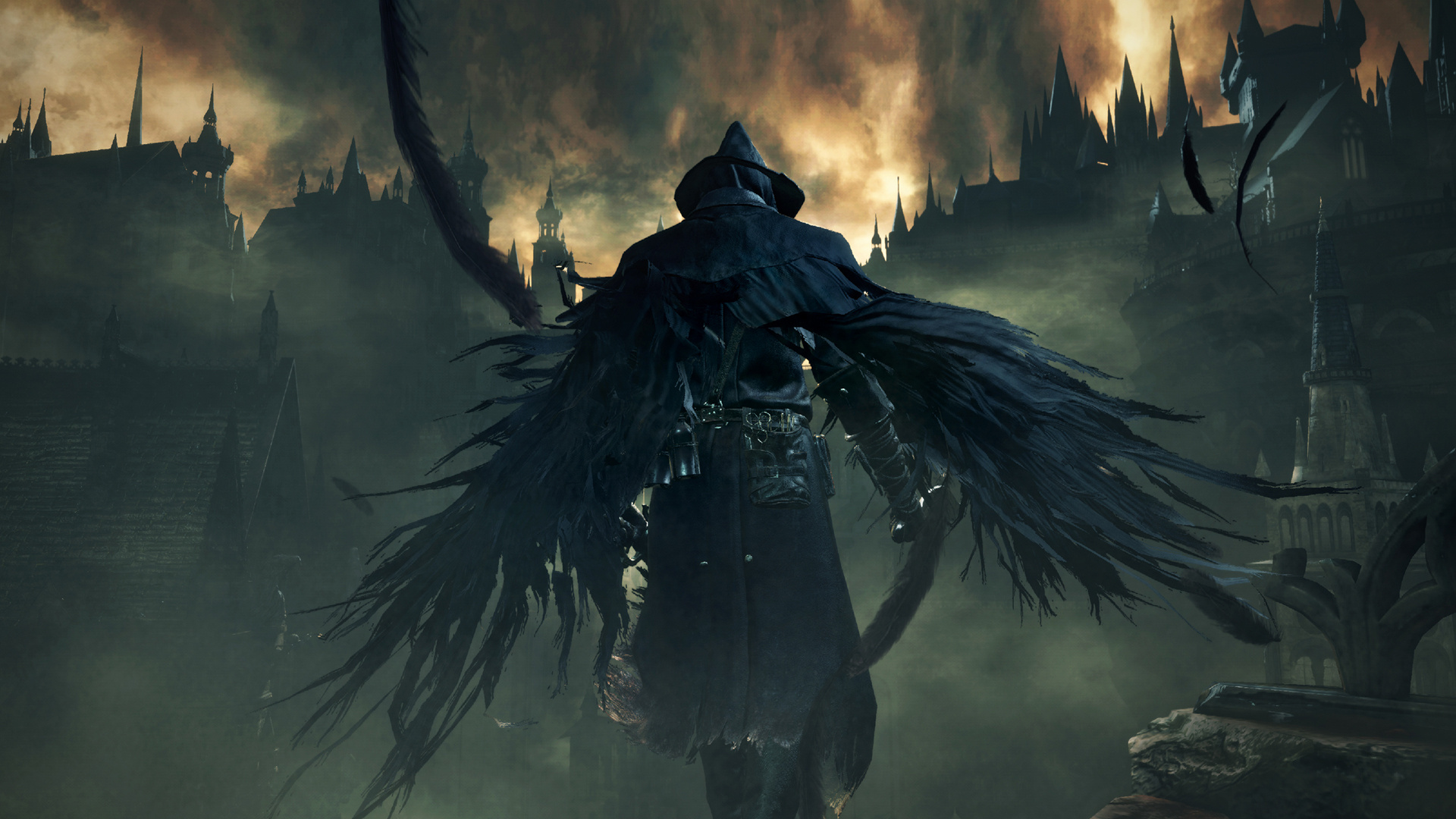 Eileen the Crow, Crowfeather Garb, Yharnam city skyline, Full HD Desktop wallpaper