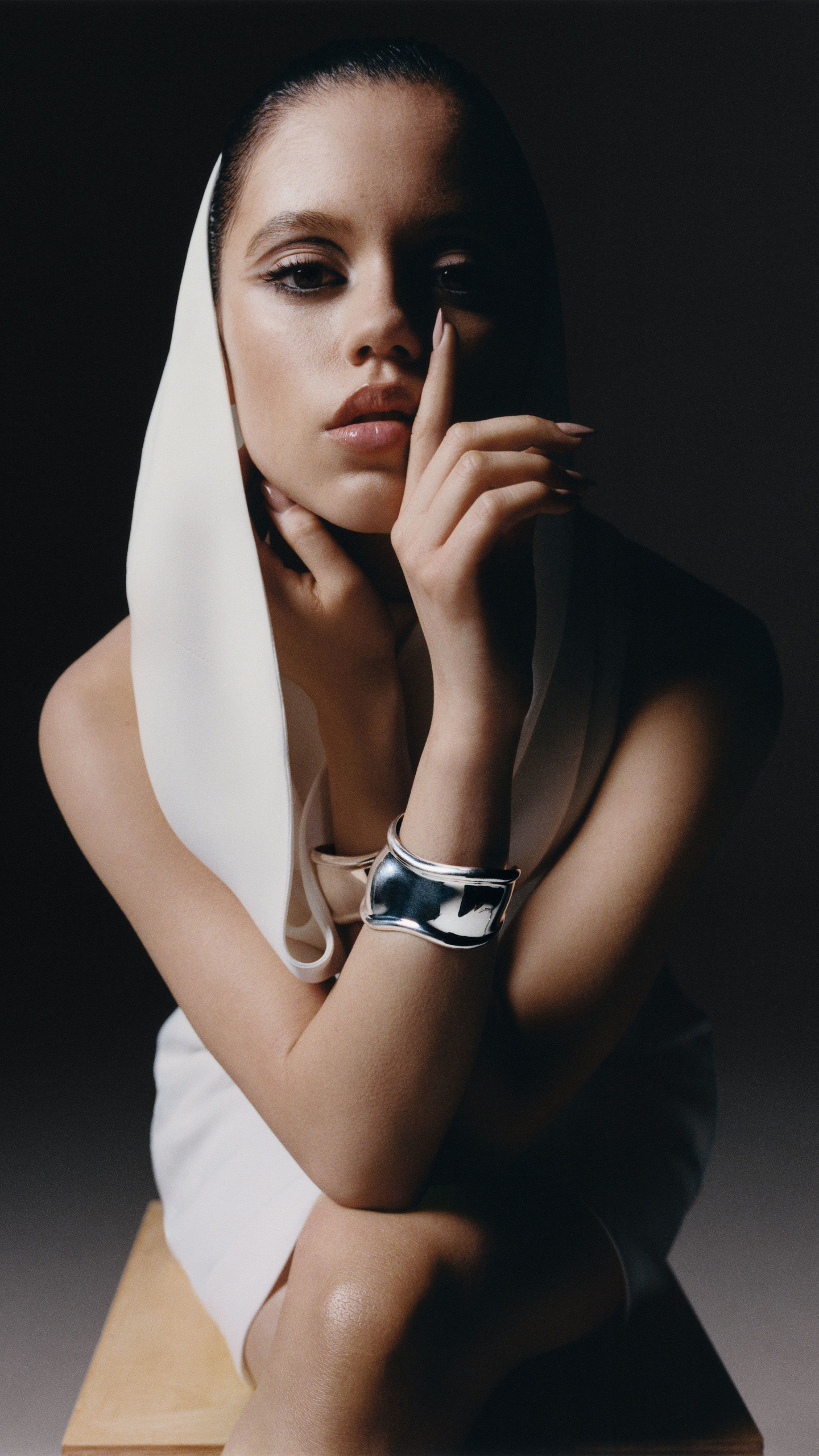 Jenna Ortega, white hooded dress, silver cuff bracelet, HD Phone wallpaper
