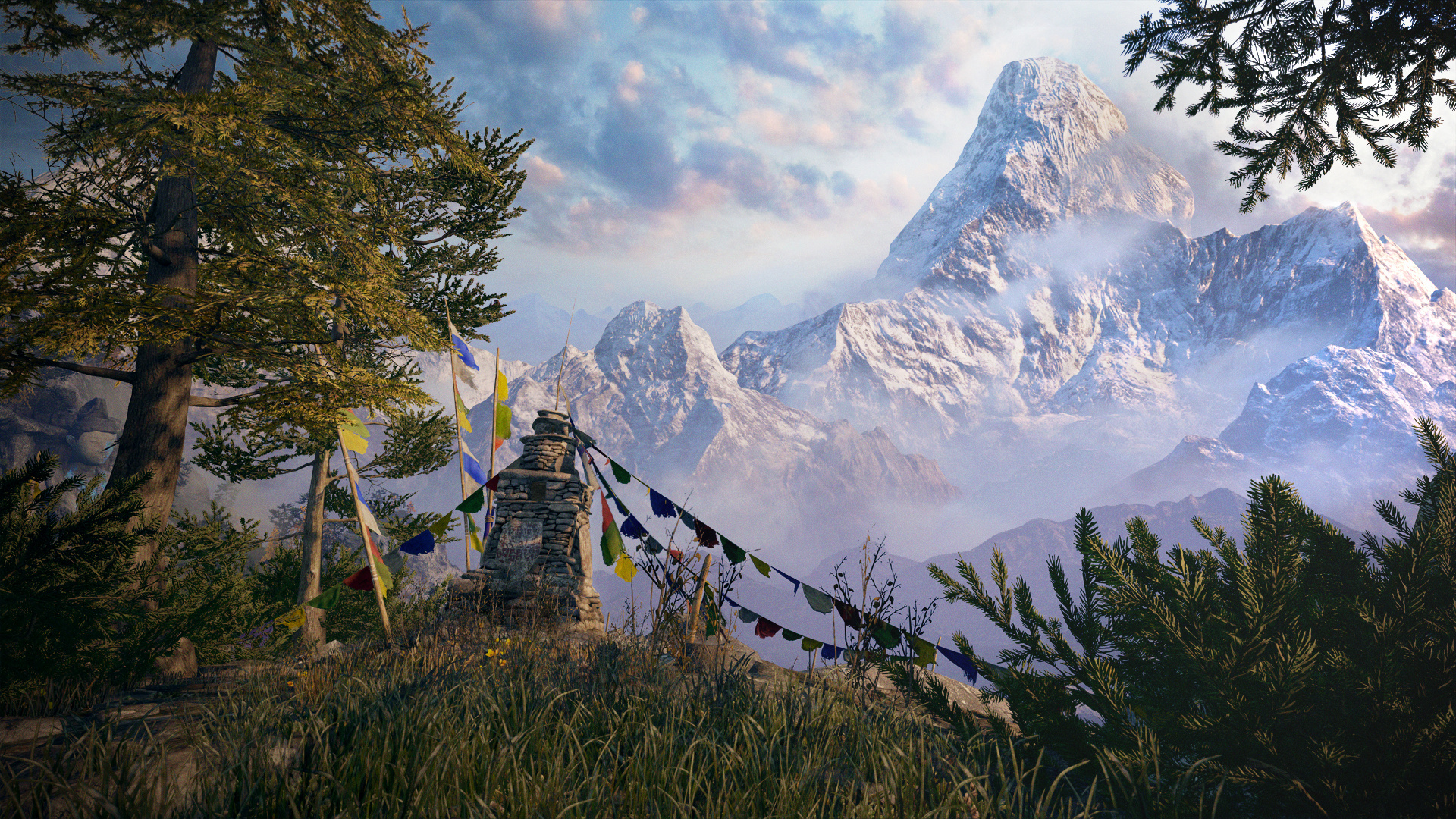 Far Cry 4 Kyrat landscape, Tibetan prayer flags cairn, Snow-covered Himalayan mountain, Full HD Desktop wallpaper