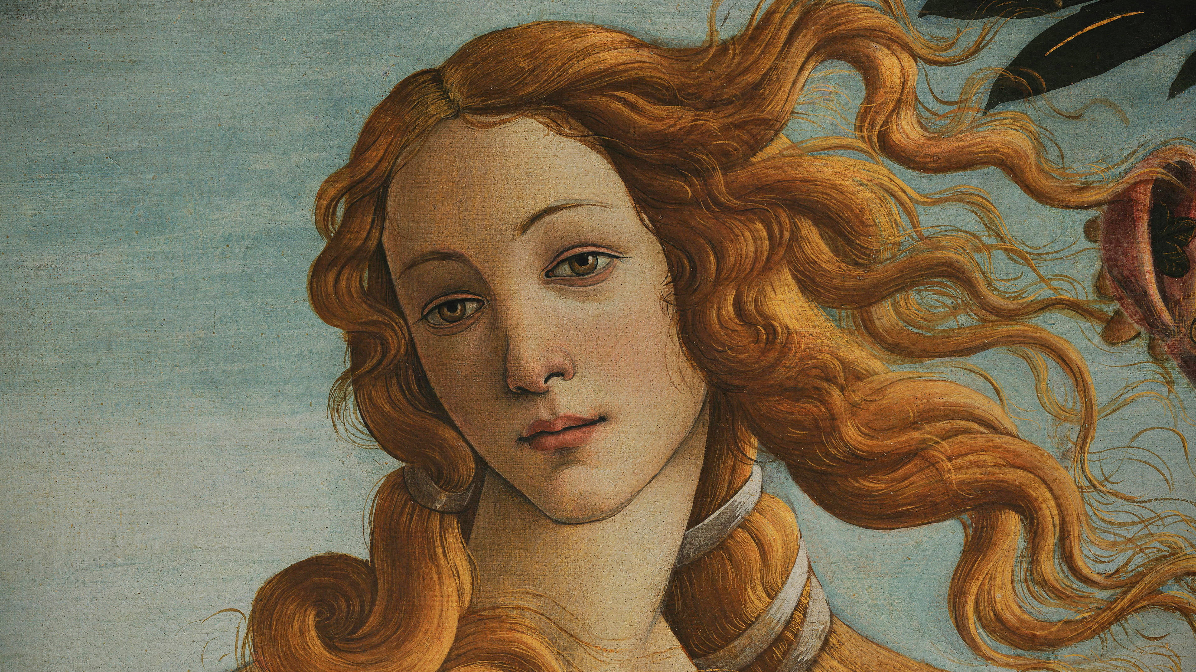 The Birth of Venus, Sandro Botticelli painting, Flowing strawberry blonde hair, 4K Desktop wallpaper