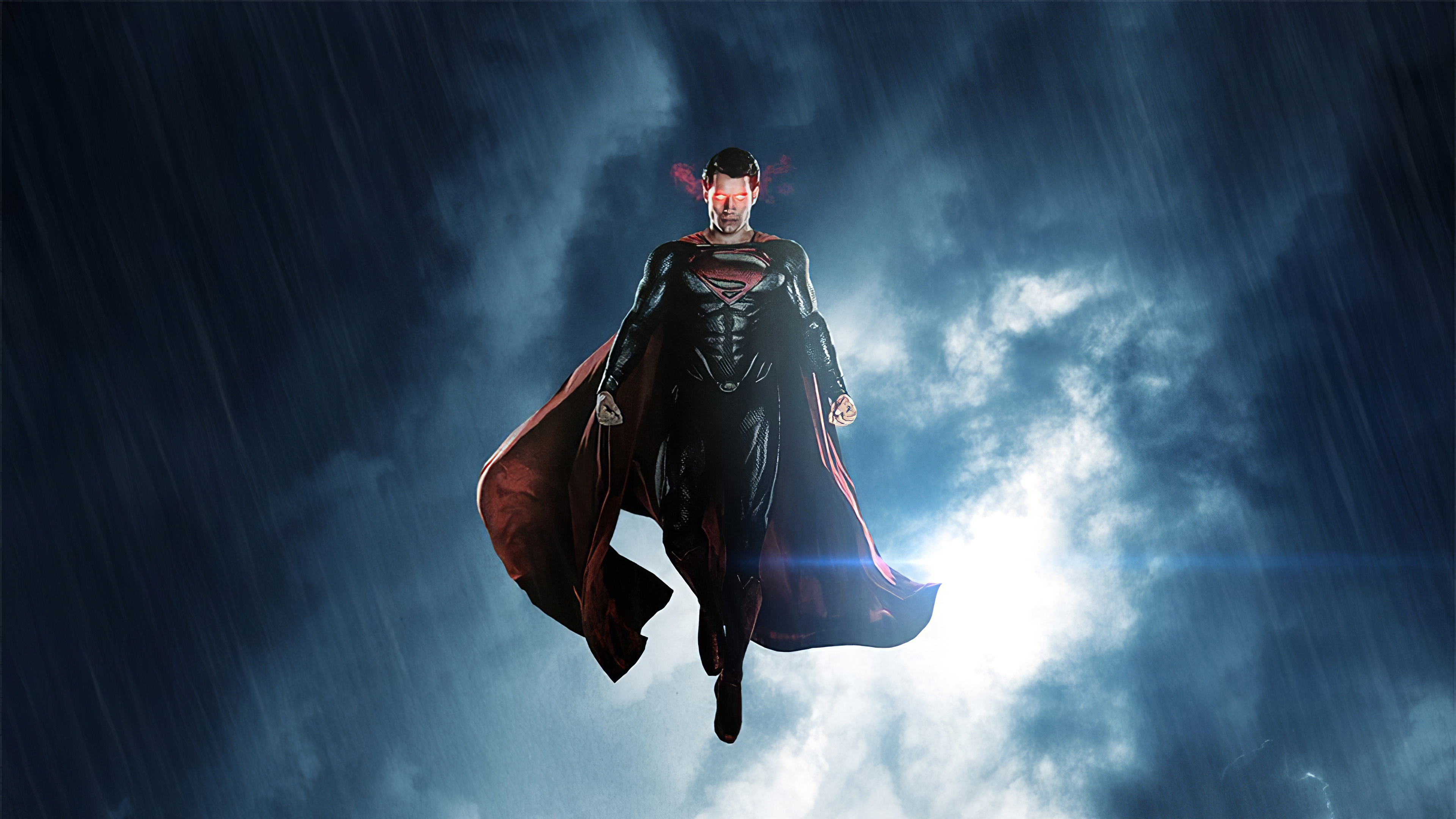 Henry Cavill Superman, Glowing red heat vision, Stormy rain clouds, 4K Desktop wallpaper