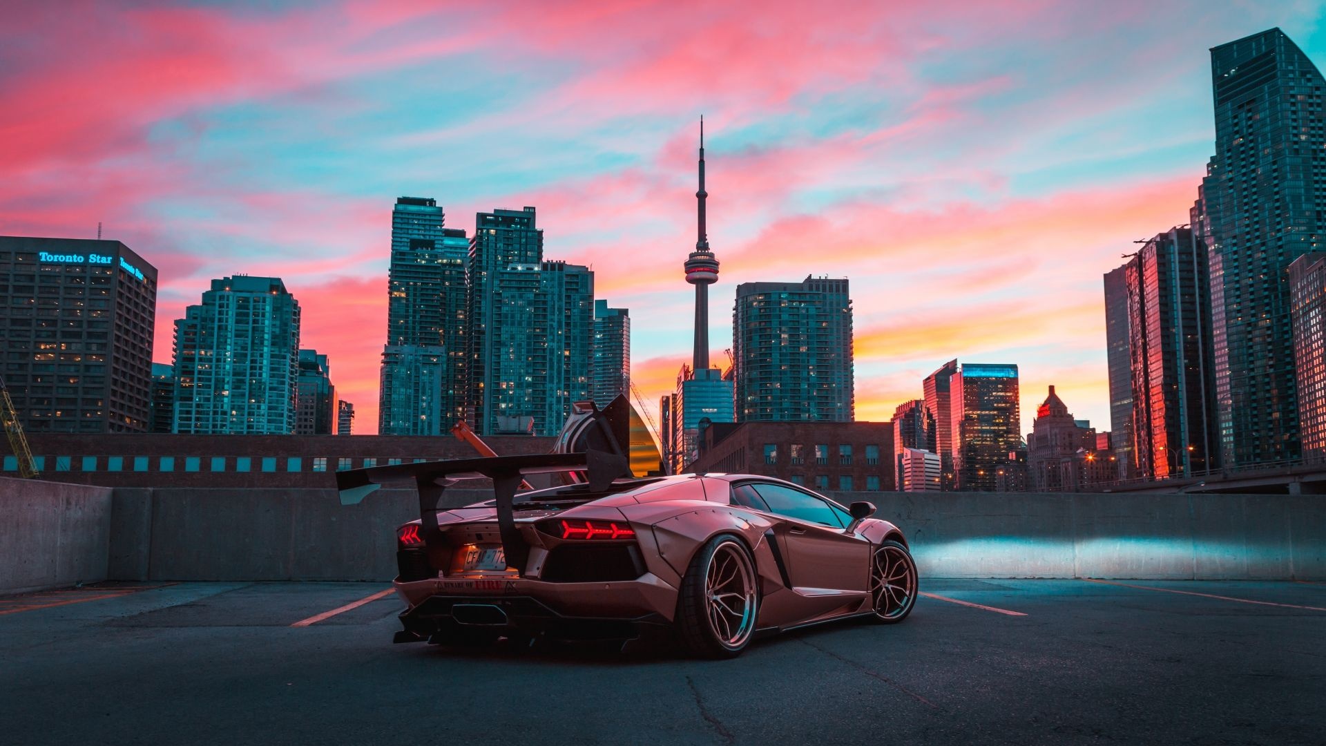 Lamborghini Aventador, Cityscape backdrop, Sports car beauty, High-speed power, 1920x1080 Full HD Desktop