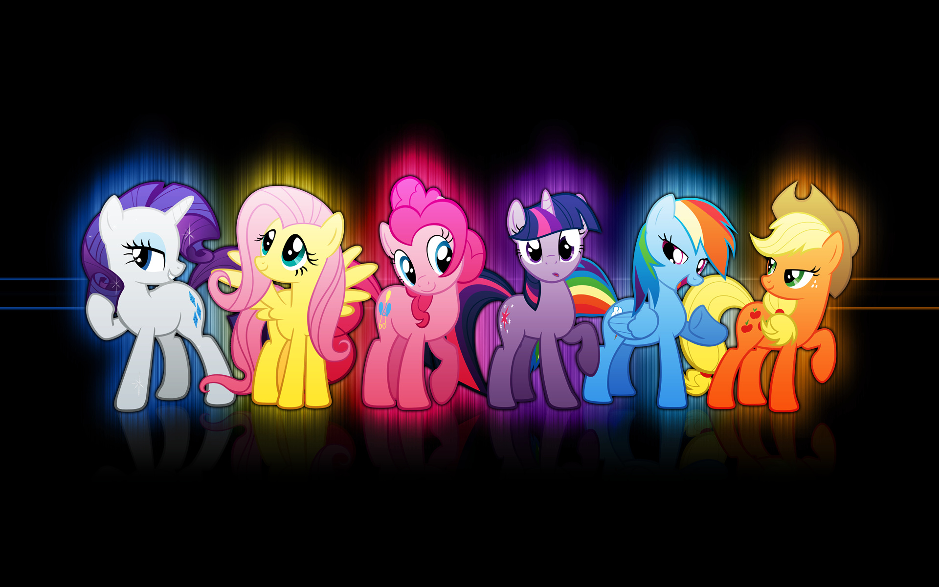 Mane Six, Twilight Sparkle and Rainbow Dash, Pinkie Pie and Applejack, Fluttershy and Rarity, Black reflective background, HD Desktop wallpaper