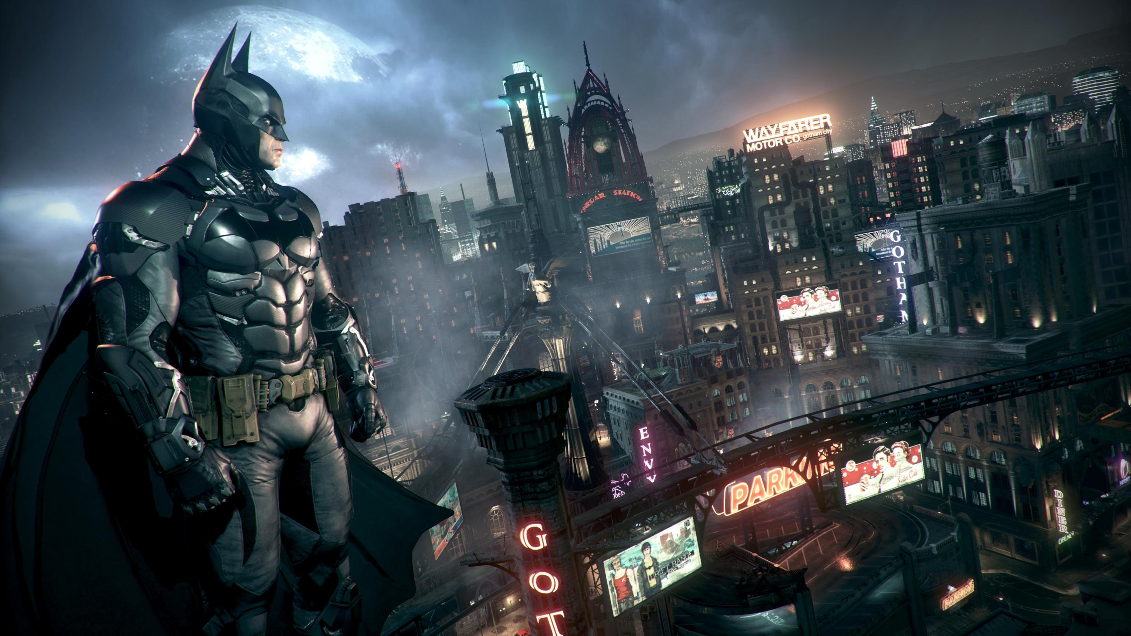 Batman armored Batsuit, Gotham City night skyline, Wayfarer Motor Co sign, 4K Desktop wallpaper