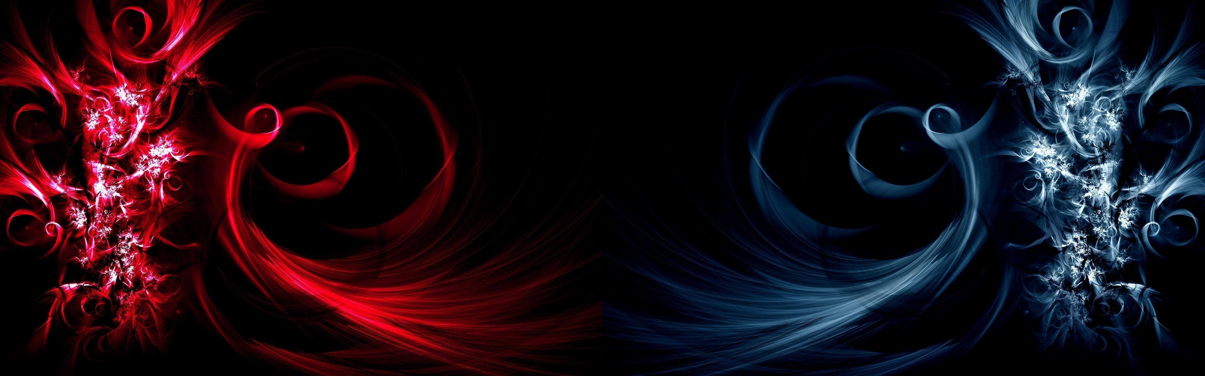 red and blue, abstract design, dualistic theme, color contrast, dynamic presentation, 3840x1200 Dual Screen Desktop