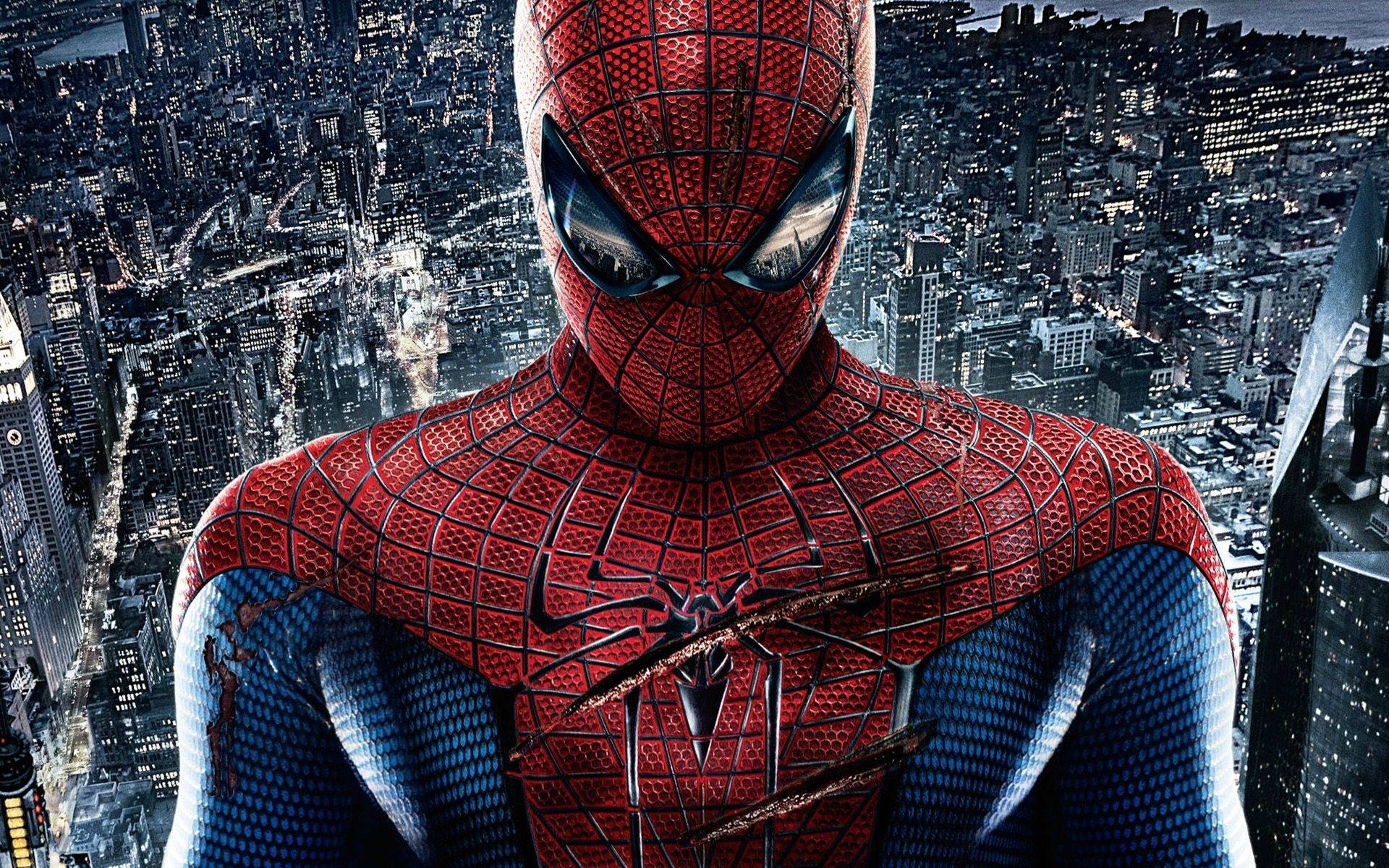 The Amazing Spider-Man, battle-damaged Spider-Man suit, New York City skyline, HD Desktop wallpaper