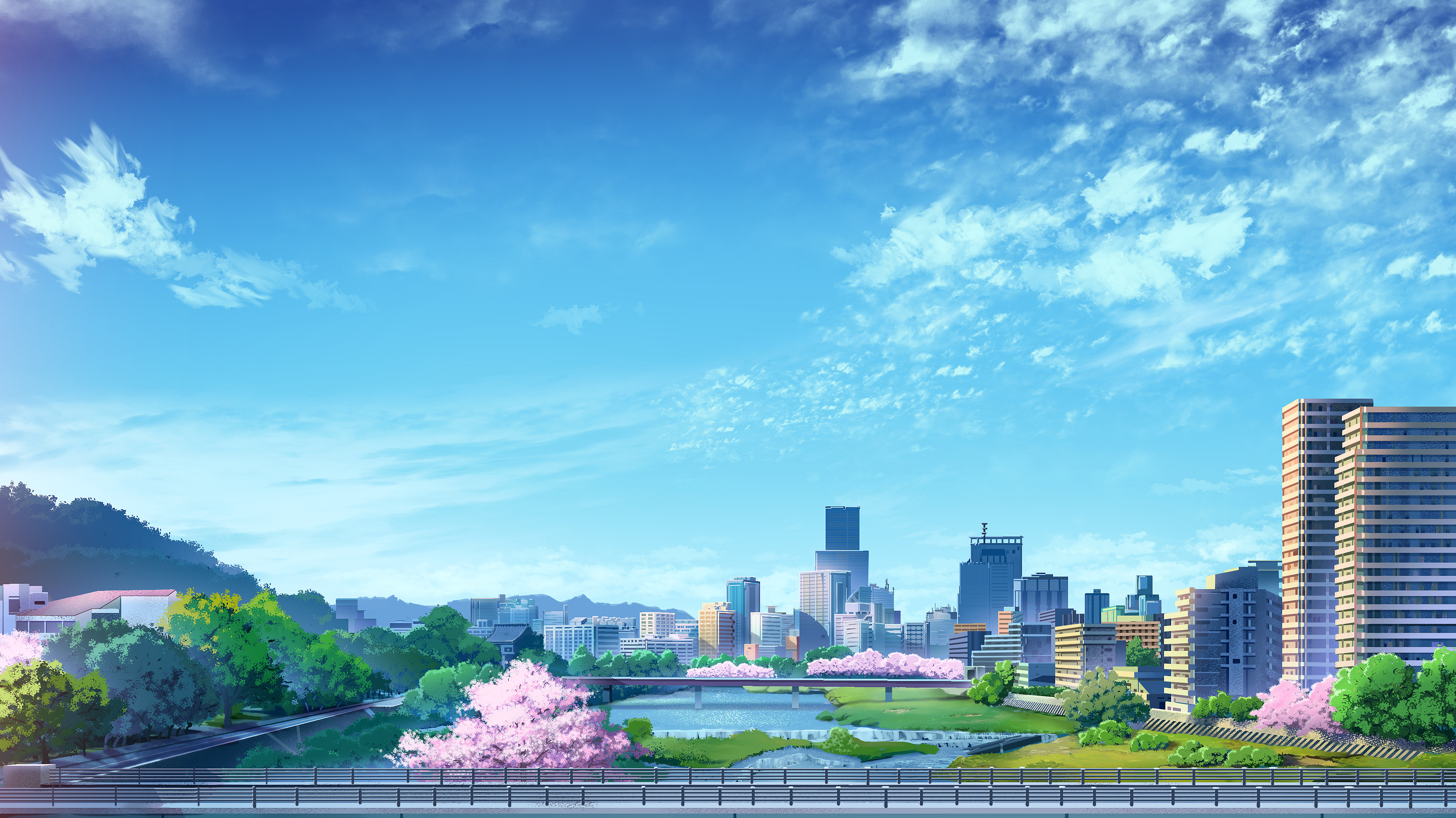 blooming cherry blossom trees, modern Japanese city skyline, bridge railing foreground, HD Desktop wallpaper