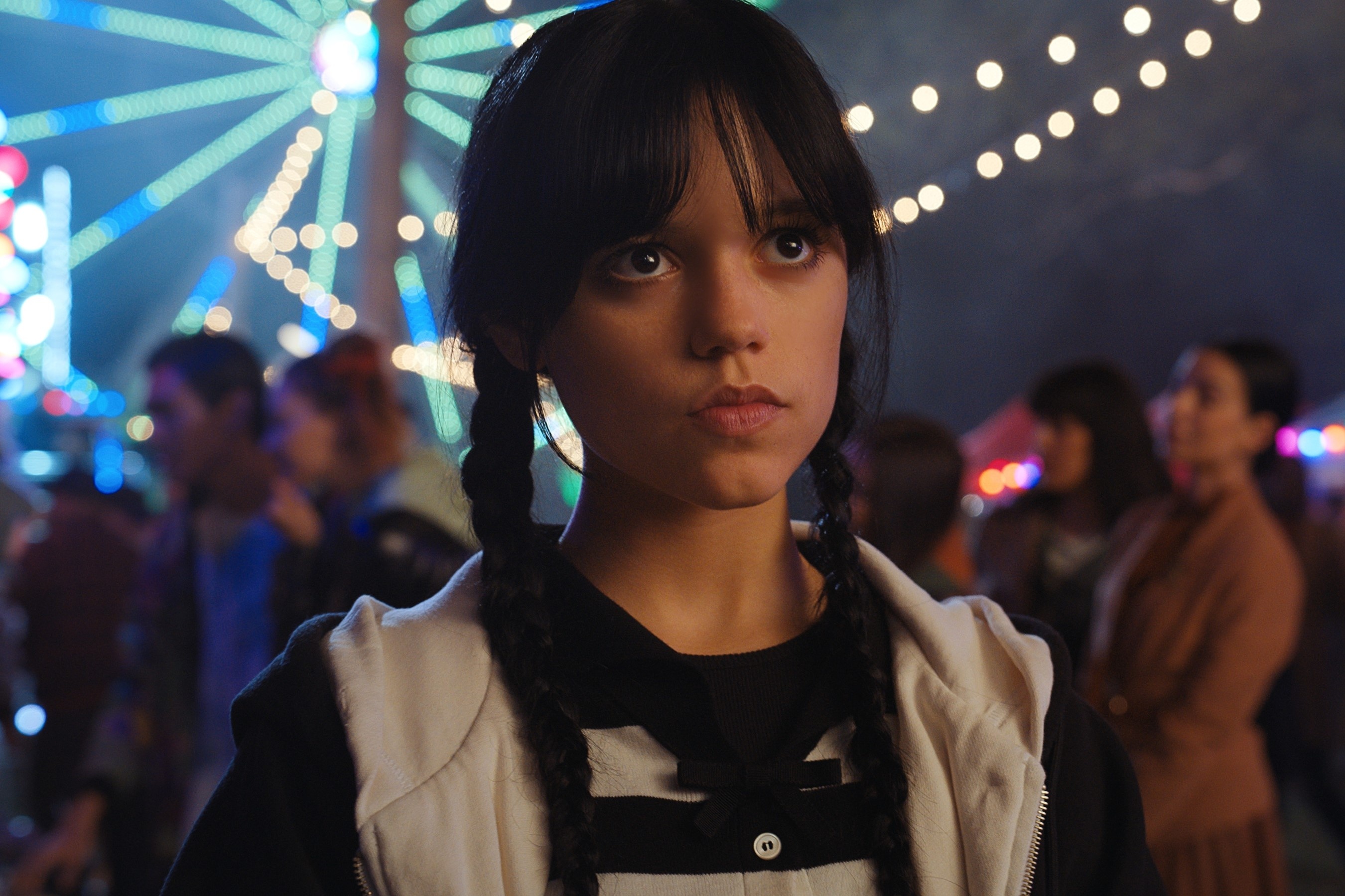 Wednesday Addams, Jenna Ortega, illuminated carnival Ferris wheel, HD Desktop wallpaper