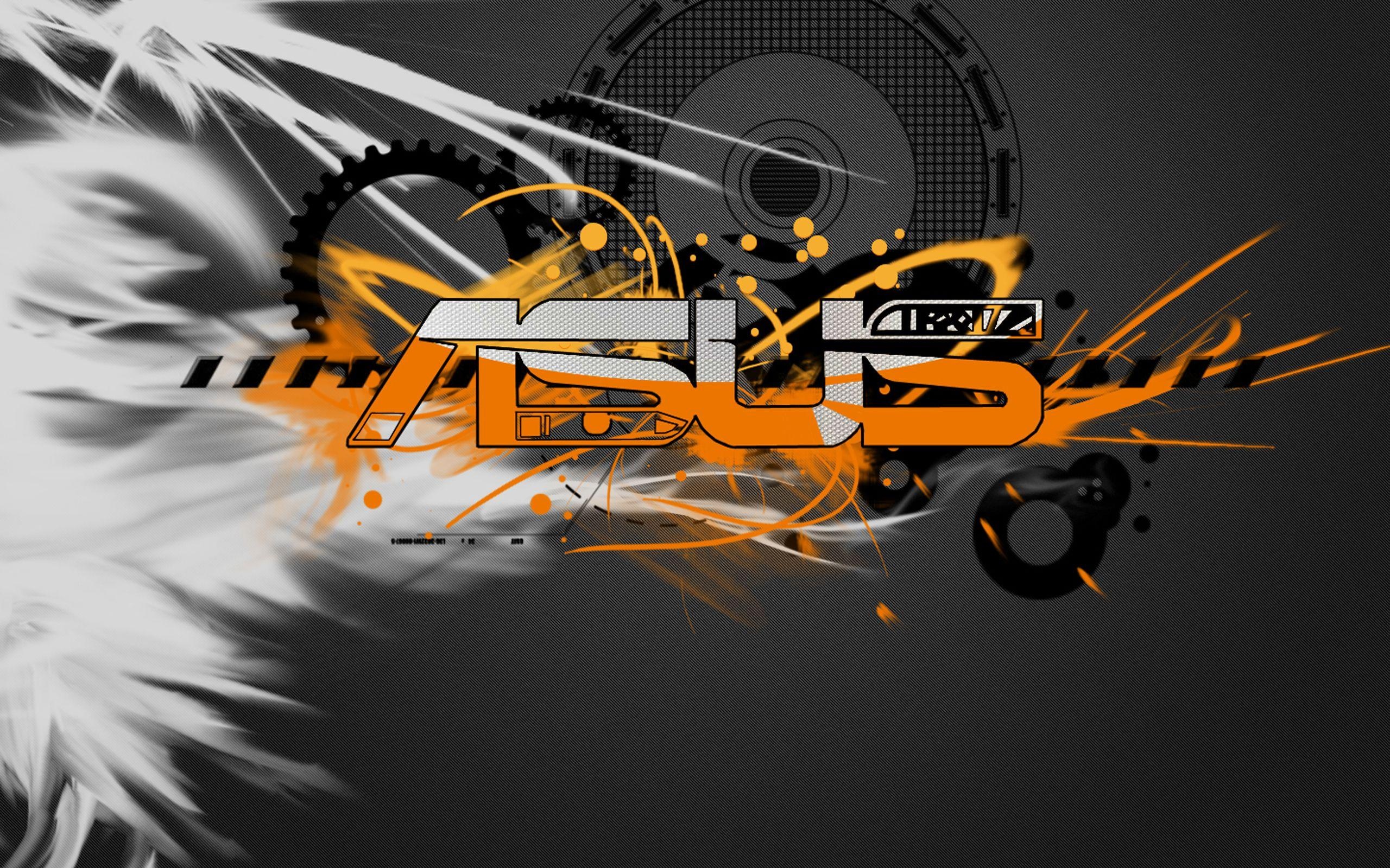 stylized ASUS logo, mechanical gear graphics, orange grunge splash, HD Desktop wallpaper
