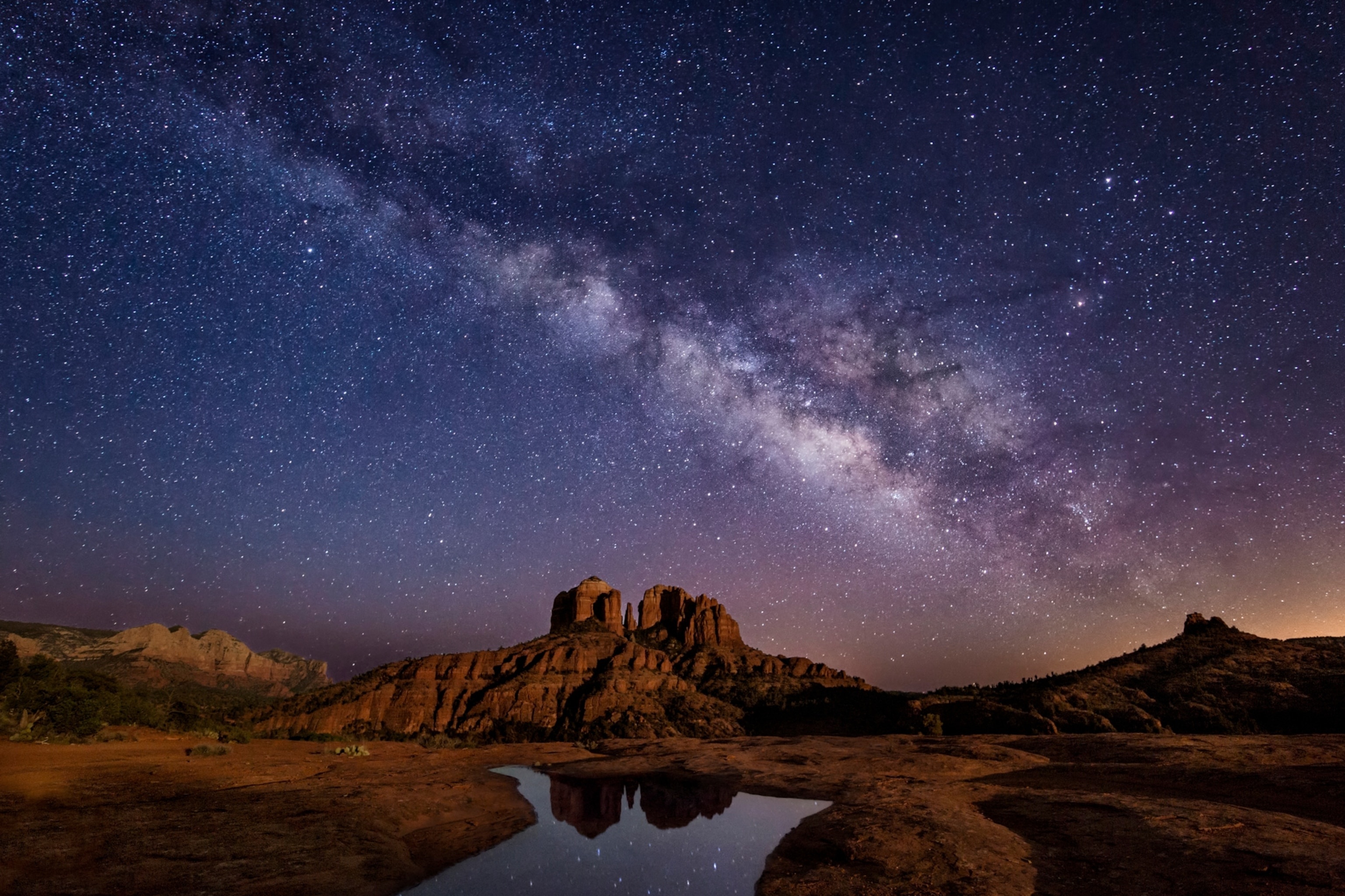 Cathedral Rock Sedona, Milky Way galaxy, reflective sandstone pool, HD Desktop wallpaper