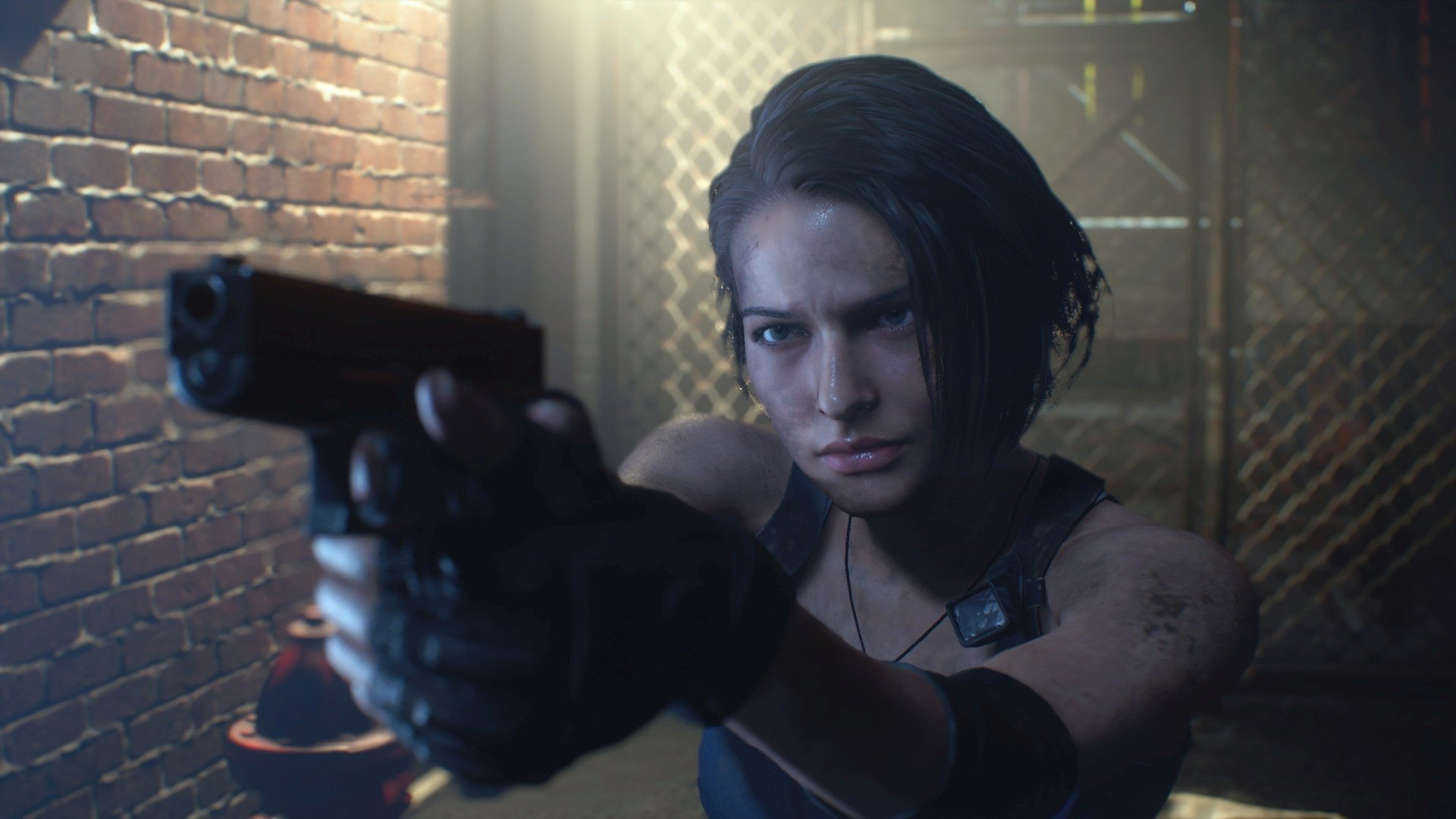 Jill Valentine, aimed handgun, dark brick alley, Full HD Desktop wallpaper