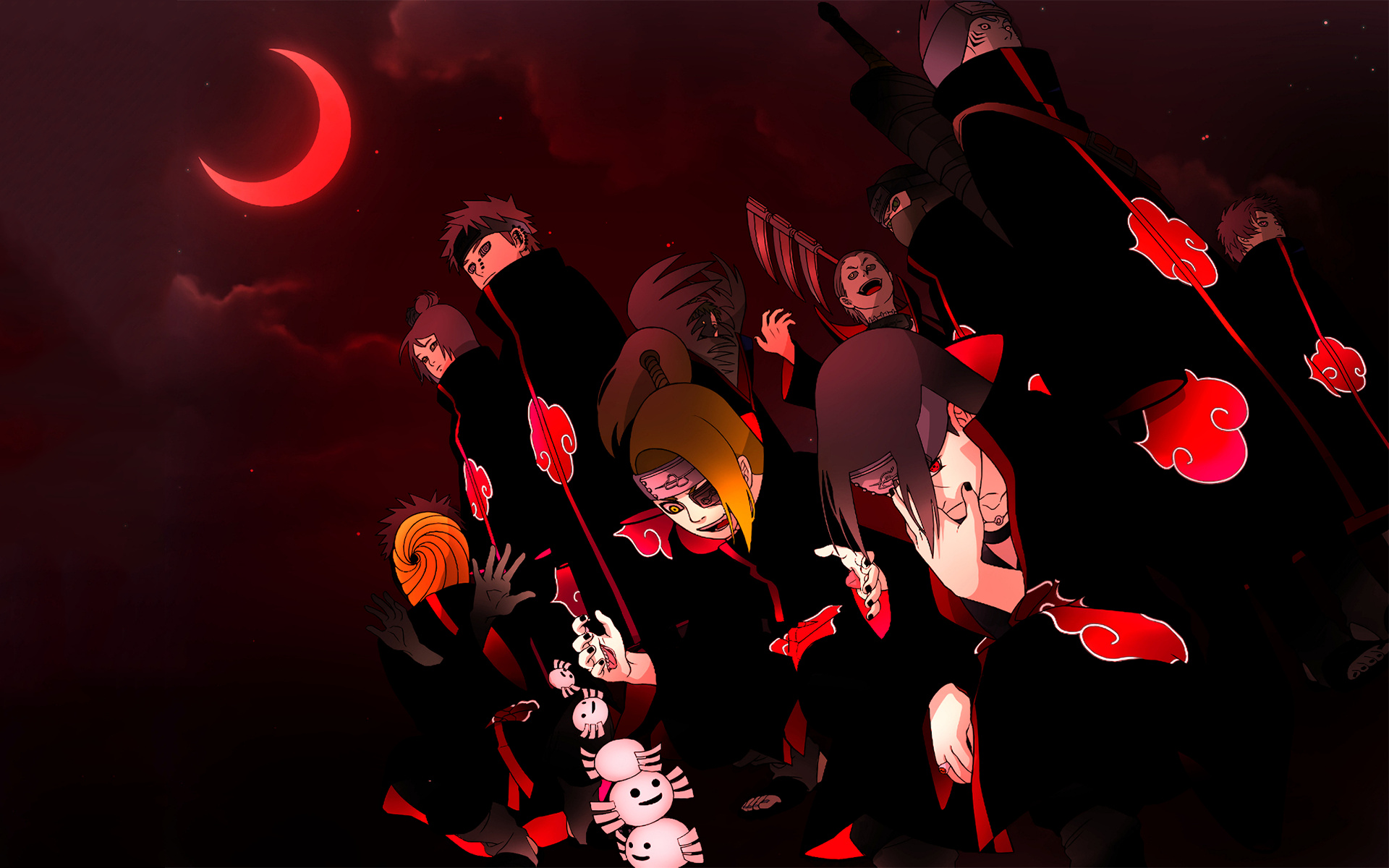 Itachi Uchiha, Deidara, Tobi, Pain, red crescent moon, HD Desktop wallpaper