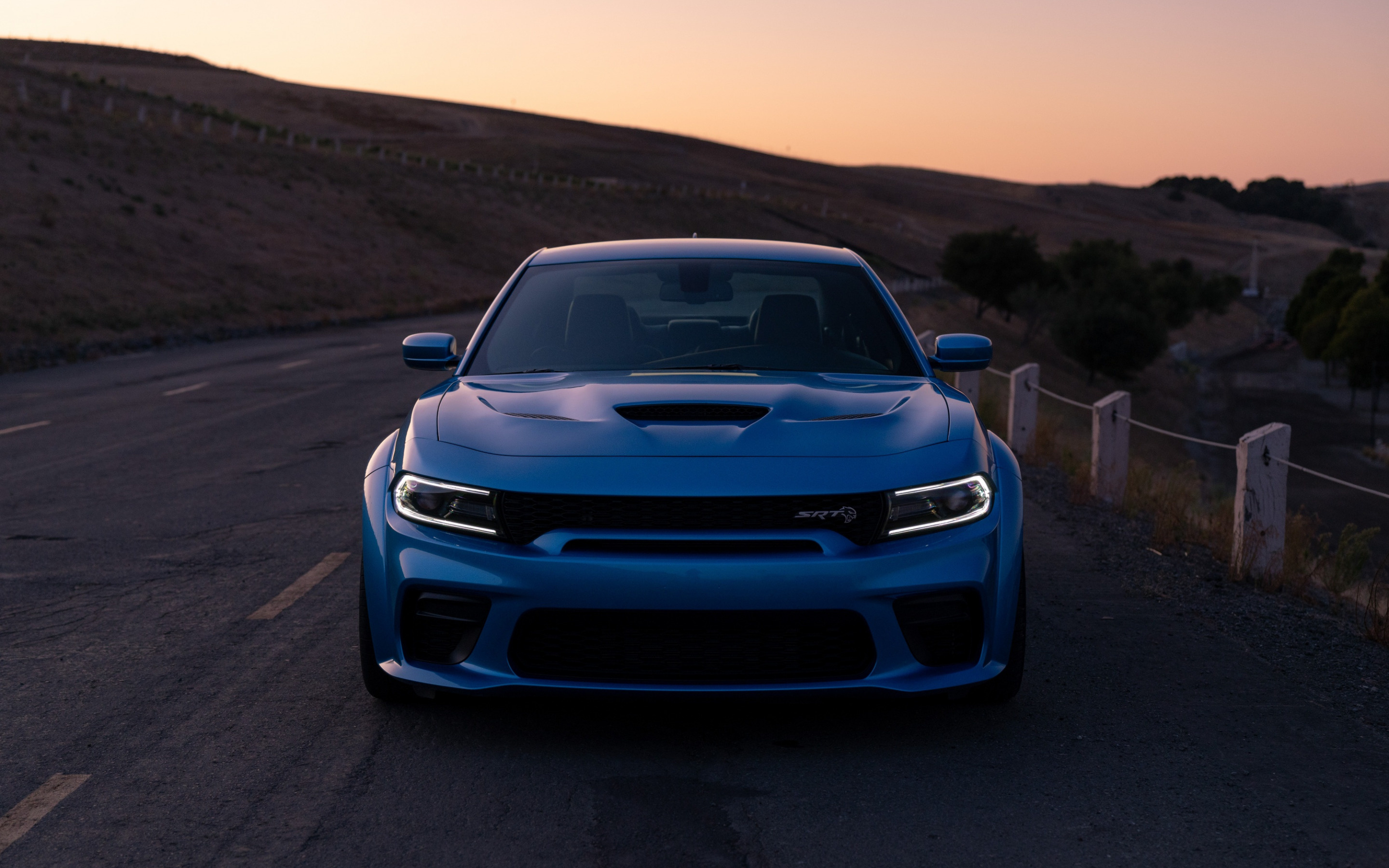 Dodge Charger SRT Hellcat Widebody, hillside asphalt road, twilight sunset sky, HD Desktop wallpaper