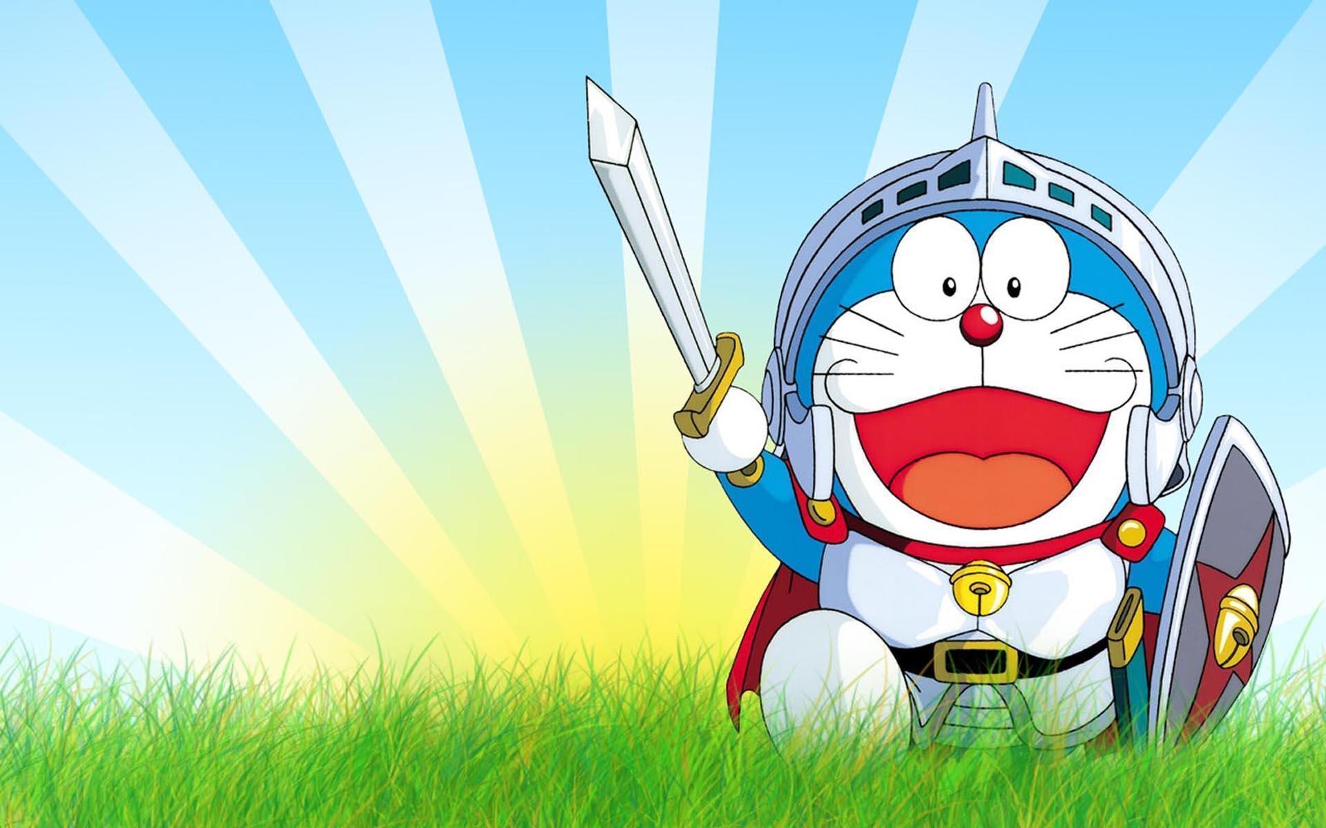 Knight Doraemon, steel sword and shield, sunburst blue sky, HD Desktop wallpaper