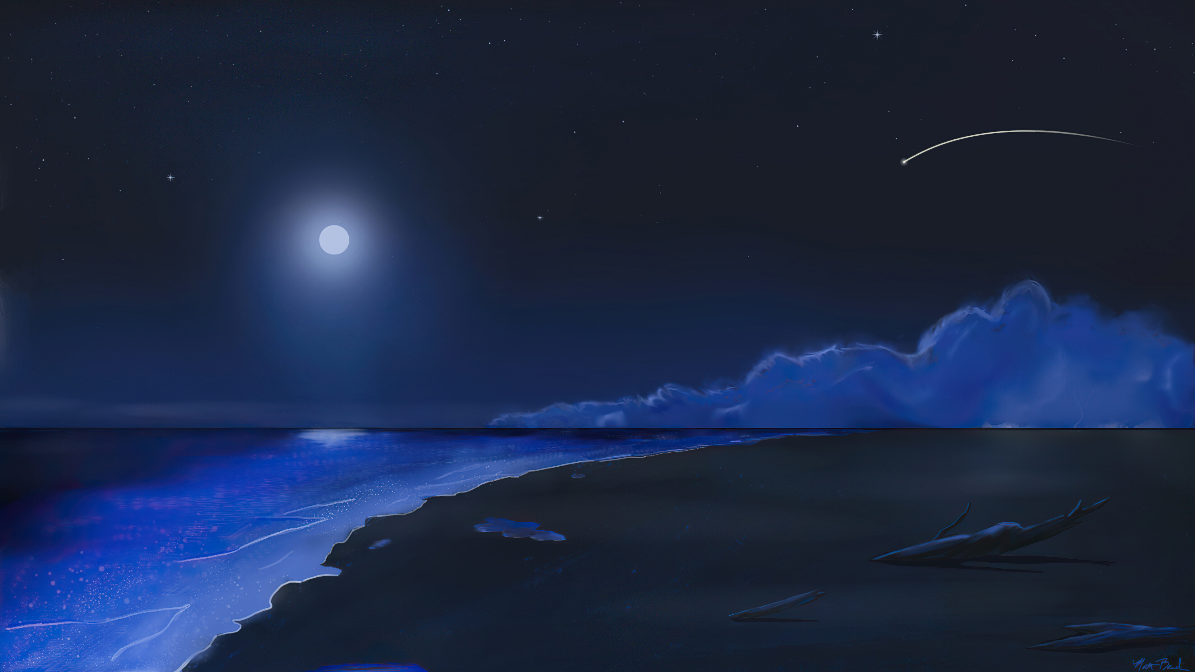 Beach moonlight, Serene shoreline, Nighttime bliss, Peaceful tranquility, 3840x2160 4K Desktop