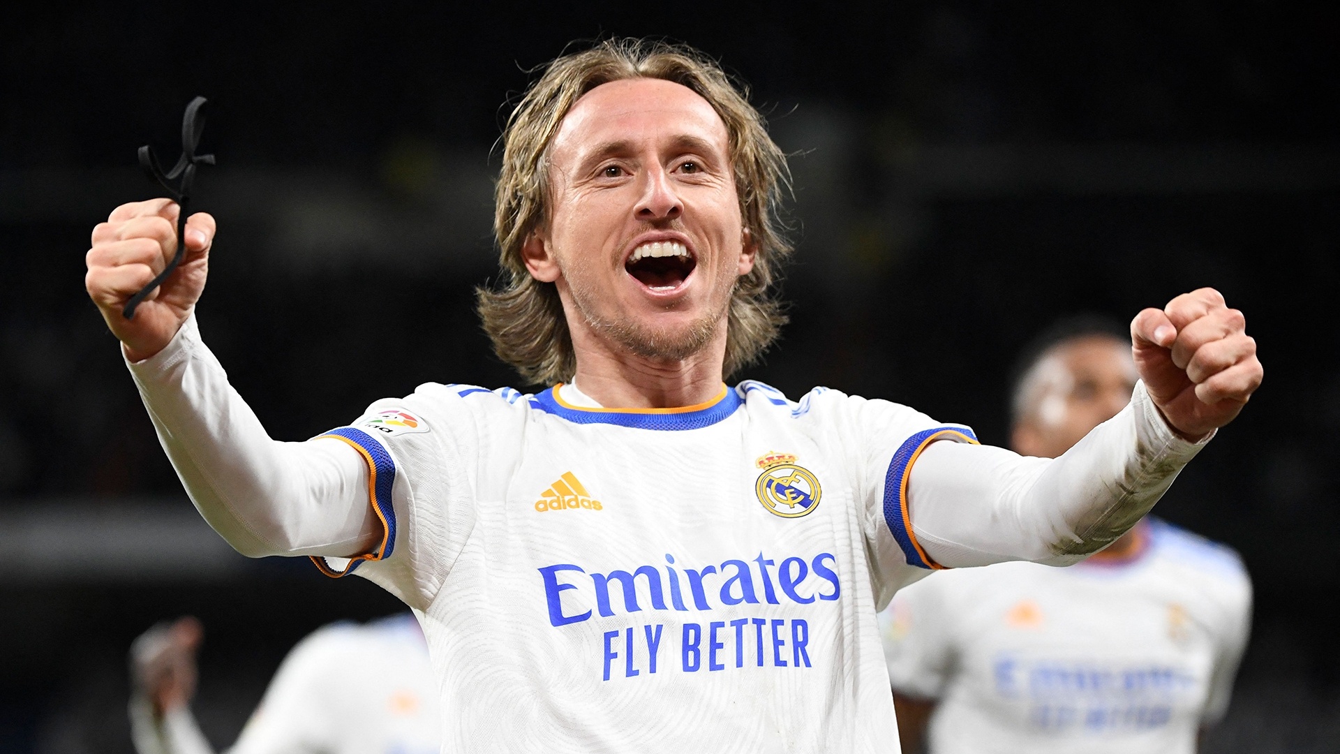 Luka Modric, Real Madrid jersey, Fist pump celebration, Full HD Desktop wallpaper