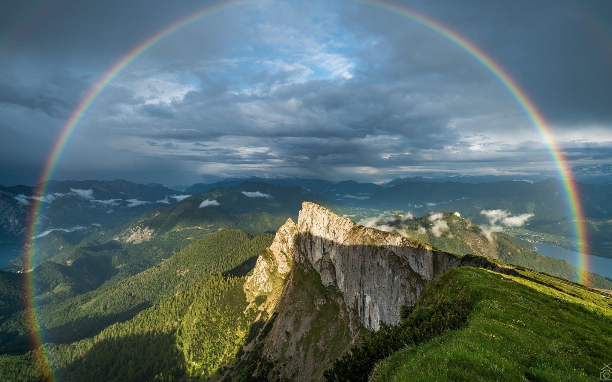 Full rainbow arc, Alps mountain cliff, Overcast alpine valley, HD Desktop wallpaper