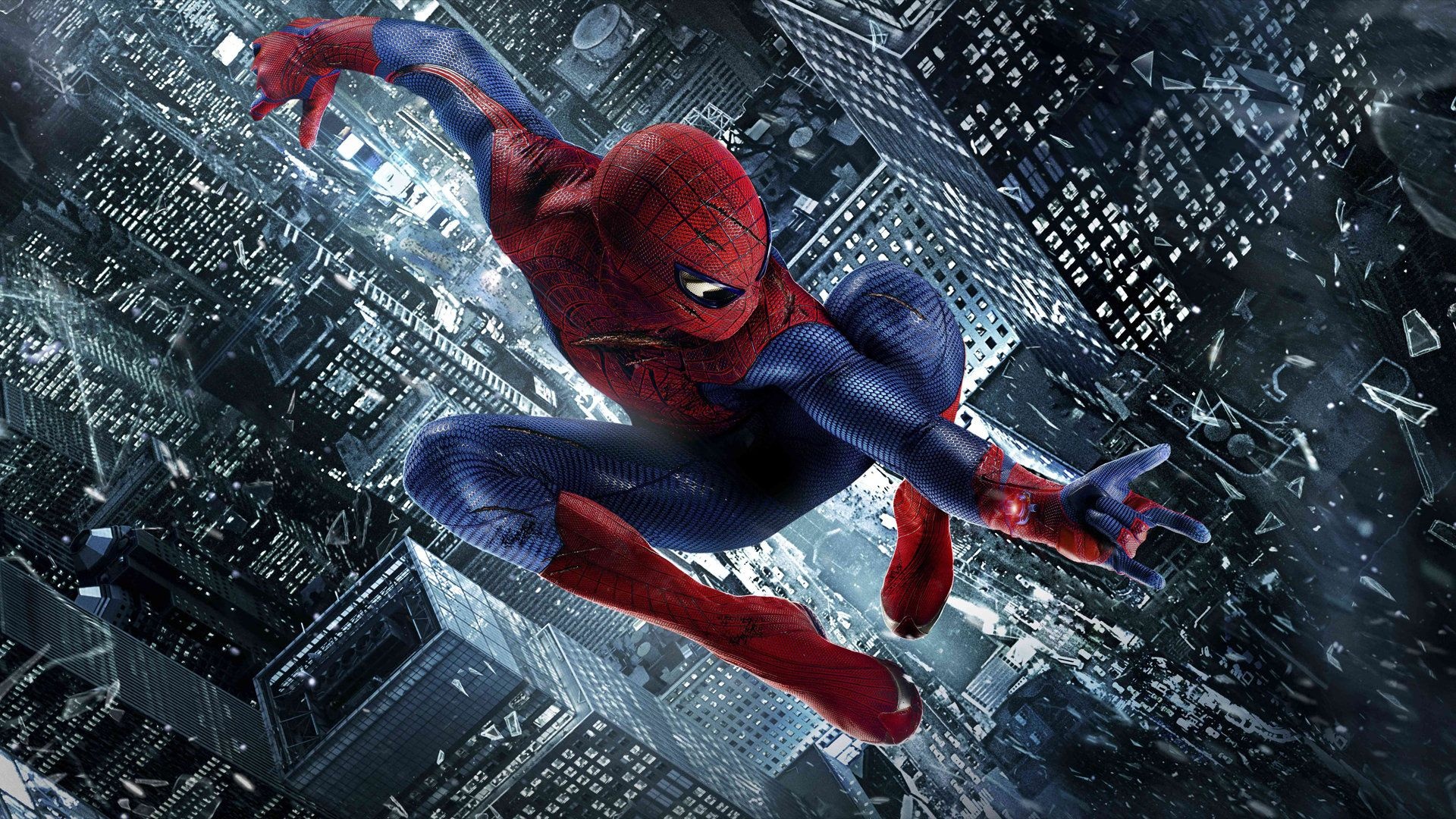 The Amazing Spider-Man, wrist-mounted web-shooter, night aerial New York City, Full HD Desktop wallpaper
